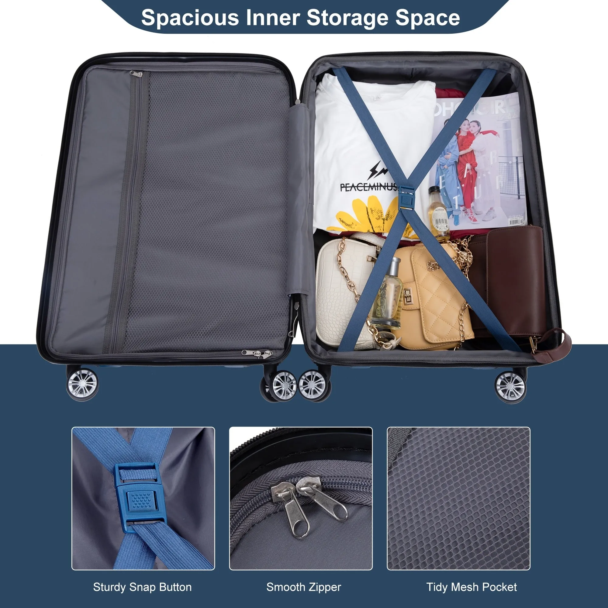 Double Spinner Wheels Luggage Sets with Hooks and TSA Lock