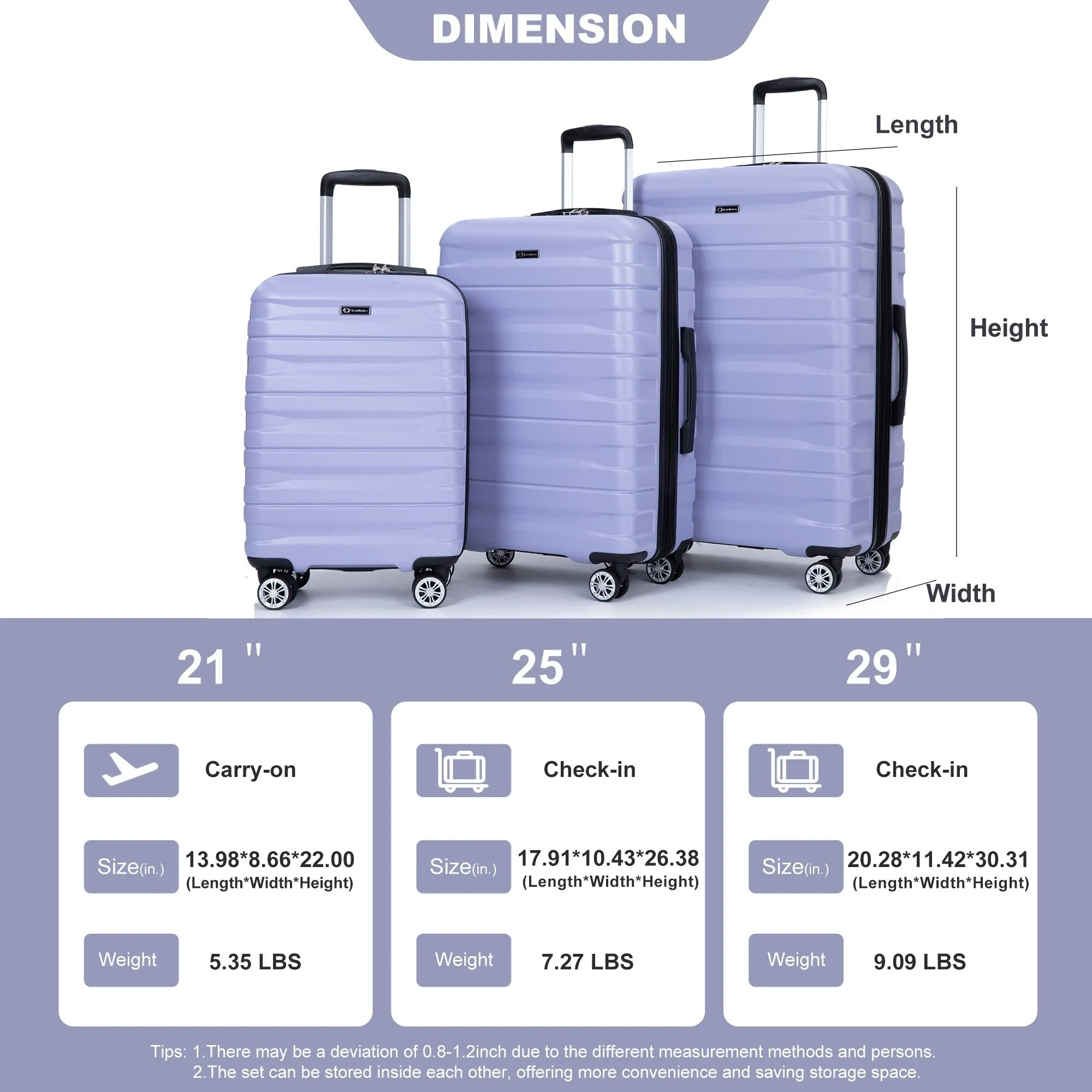 Double Spinner Wheels Luggage Sets with Hooks and TSA Lock