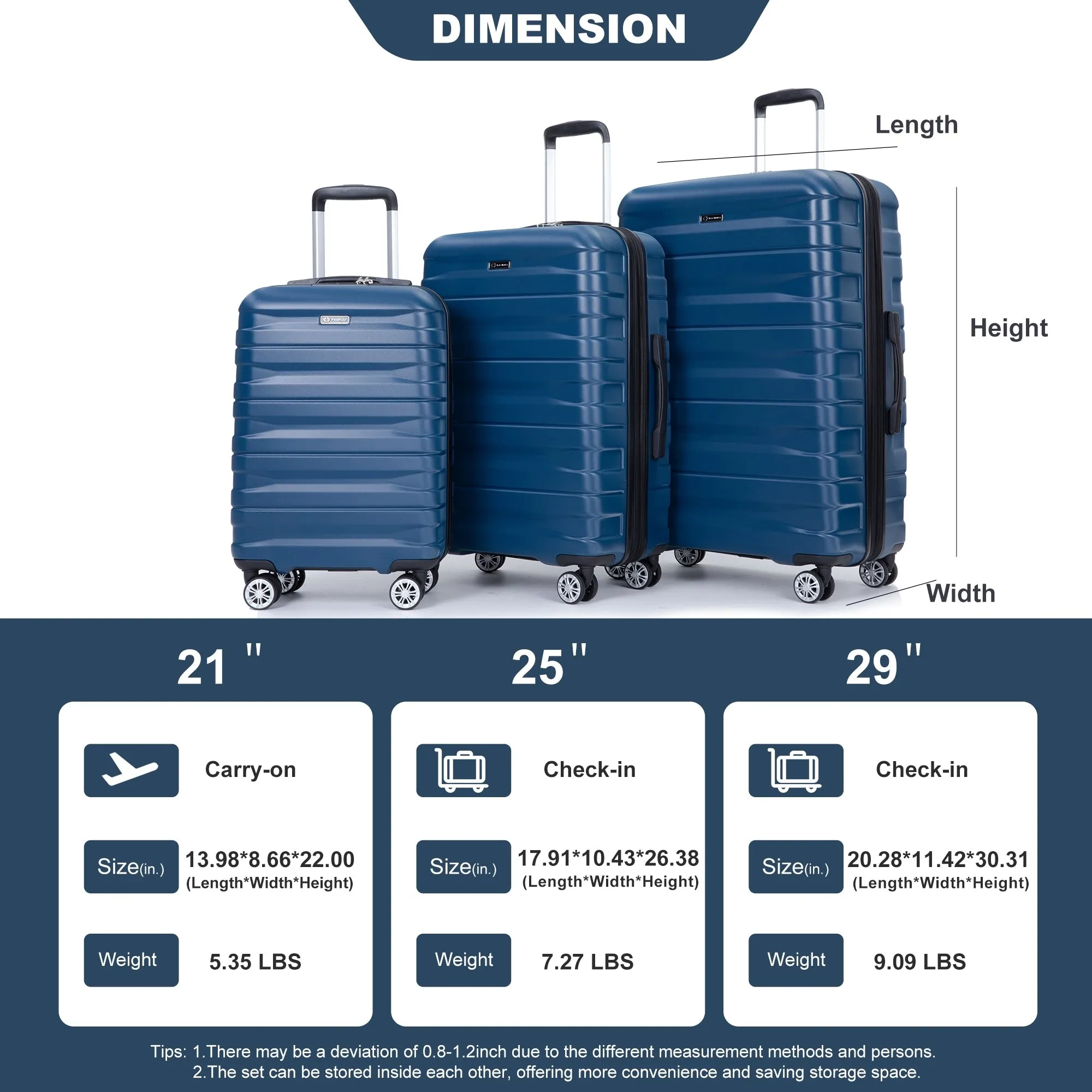 Double Spinner Wheels Luggage Sets with Hooks and TSA Lock
