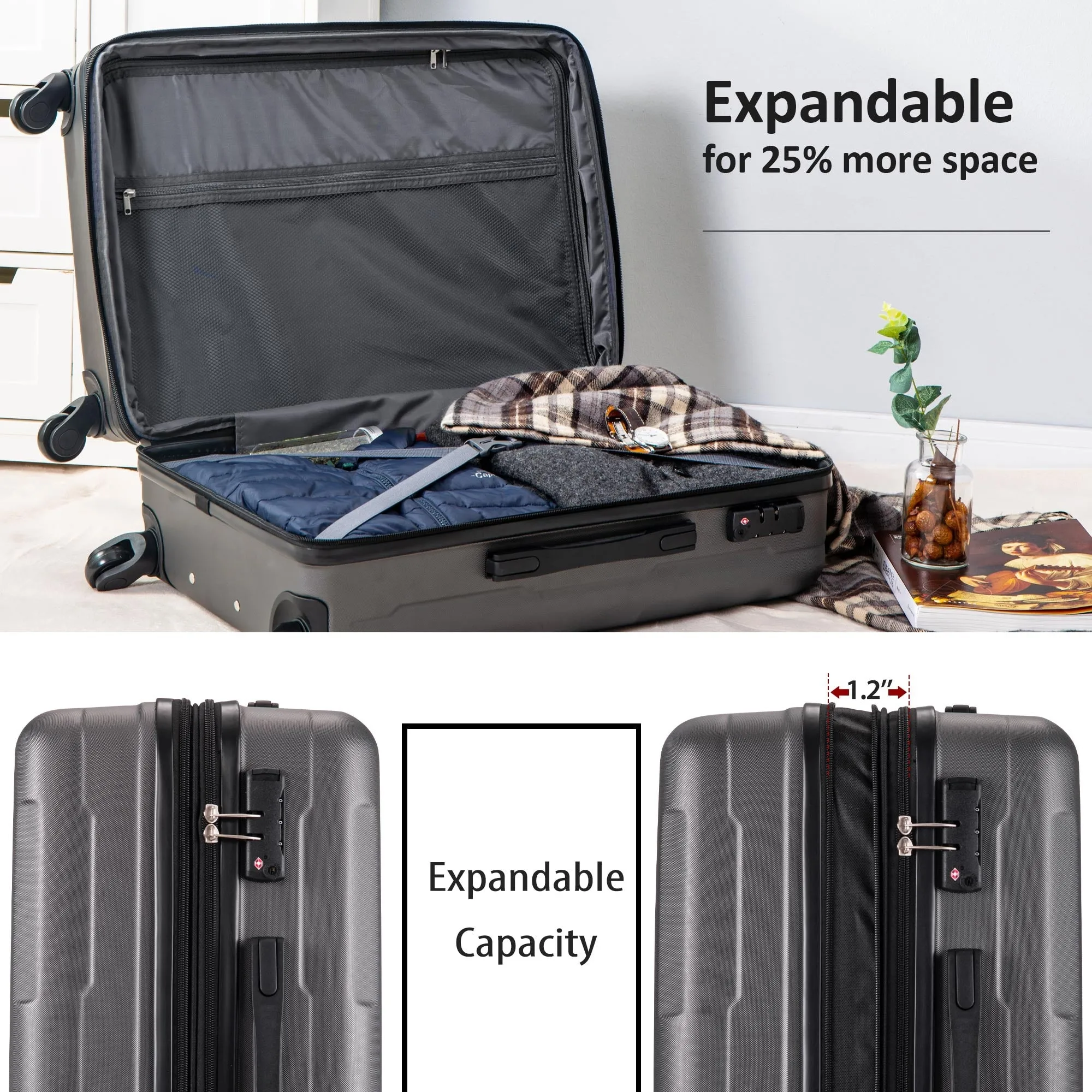 Expanable Spinner Wheel 2 Piece Luggage Set ABS Lightweight Suitcase with TSA Lock 20" 28"