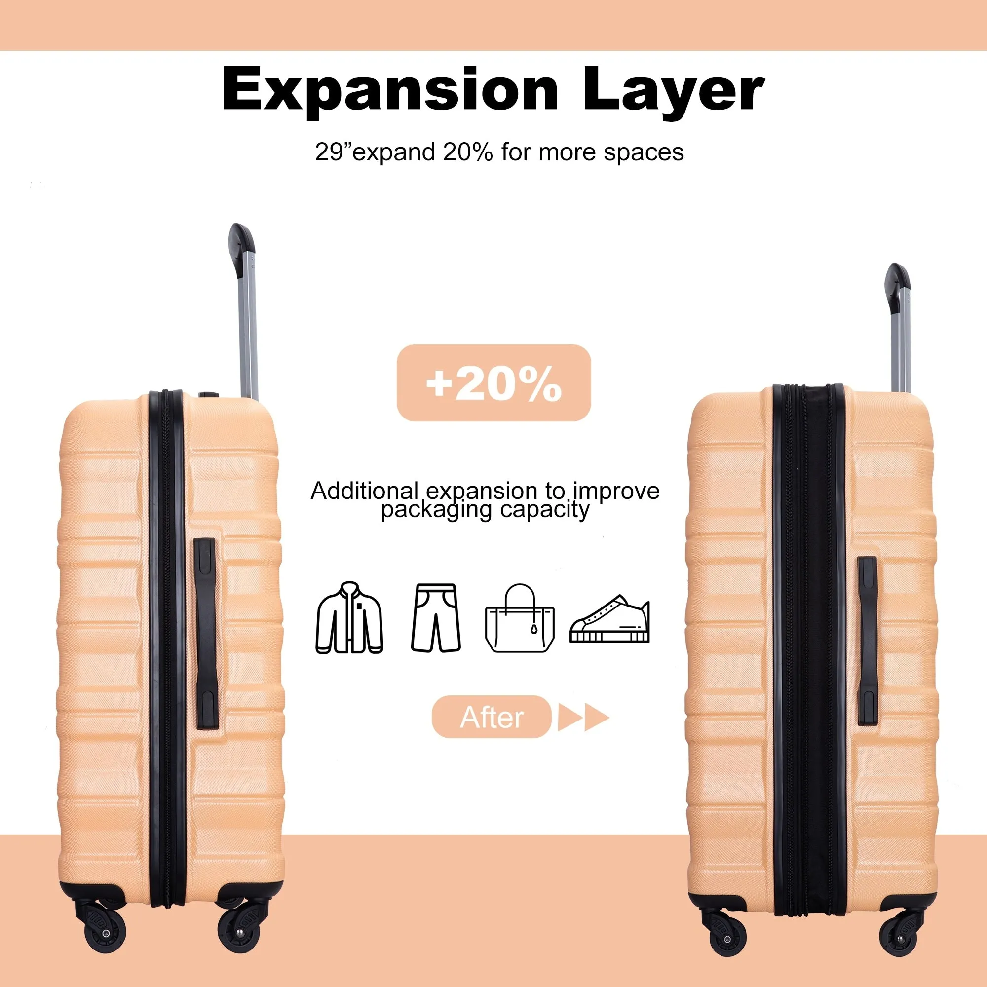 Expandable 3 Piece Luggage Sets PC Lightweight & Durable Suitcase with Two Hooks, Spinner Wheels, TSA Lock, (21/25/29)