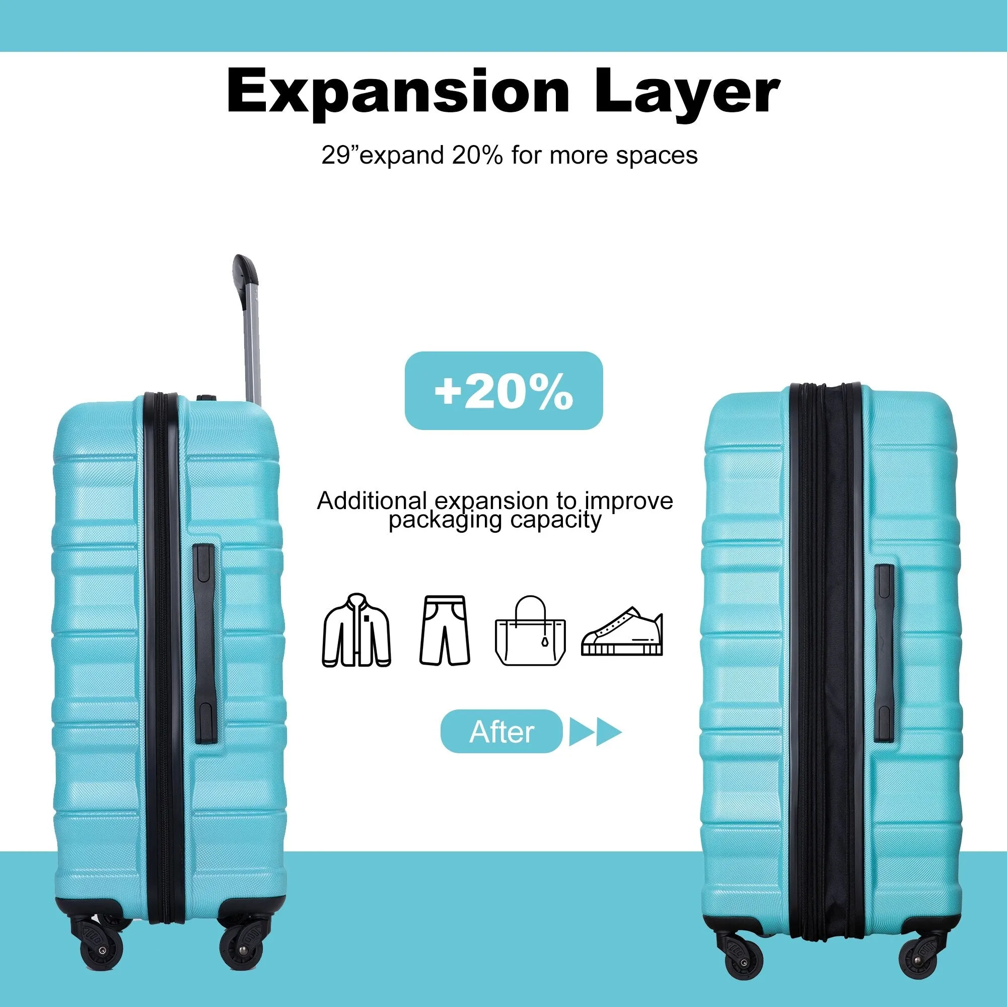 Expandable 3 Piece Luggage Sets PC Lightweight & Durable Suitcase with Two Hooks, Spinner Wheels, TSA Lock, (21/25/29)