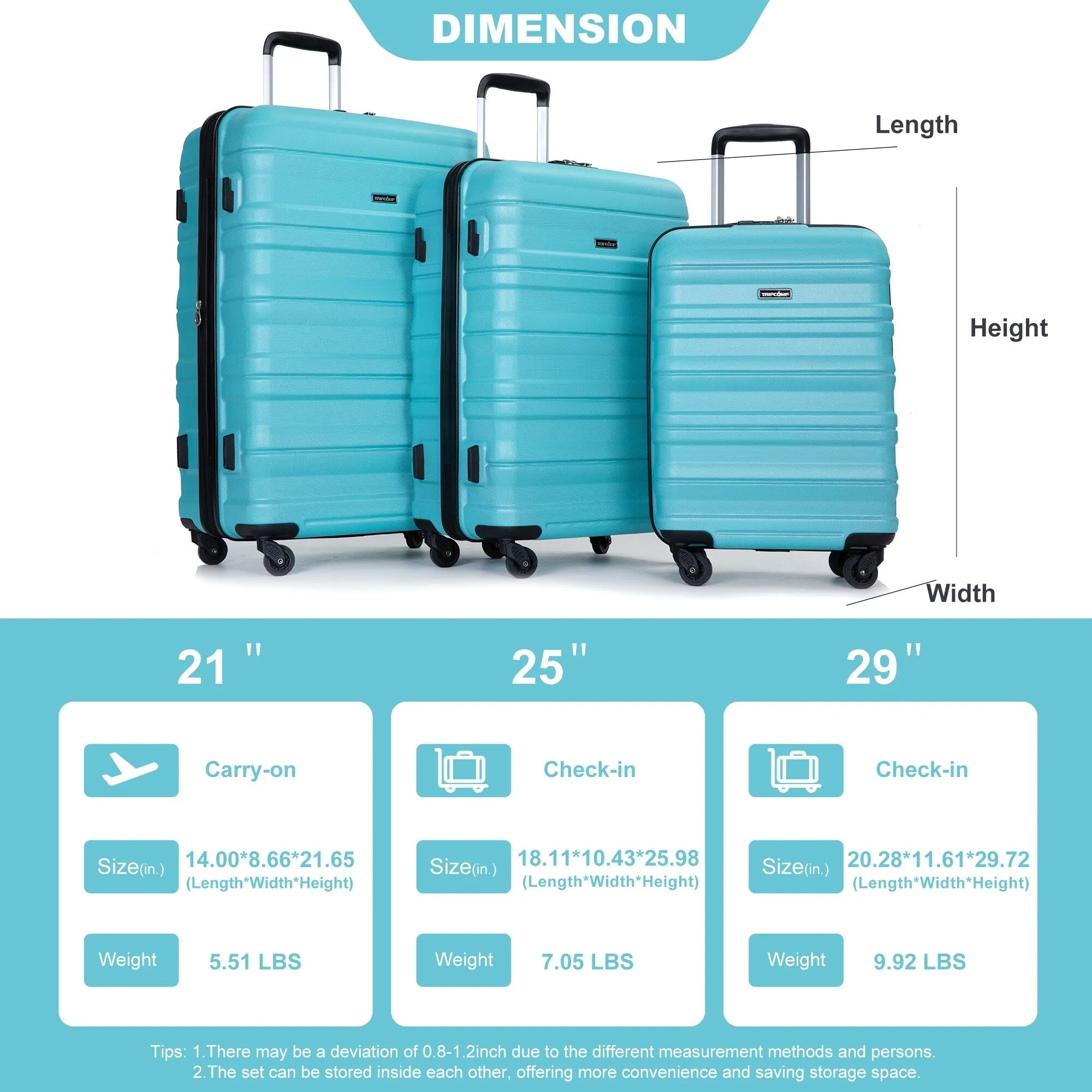 Expandable 3 Piece Luggage Sets PC Lightweight & Durable Suitcase with Two Hooks, Spinner Wheels, TSA Lock, (21/25/29)