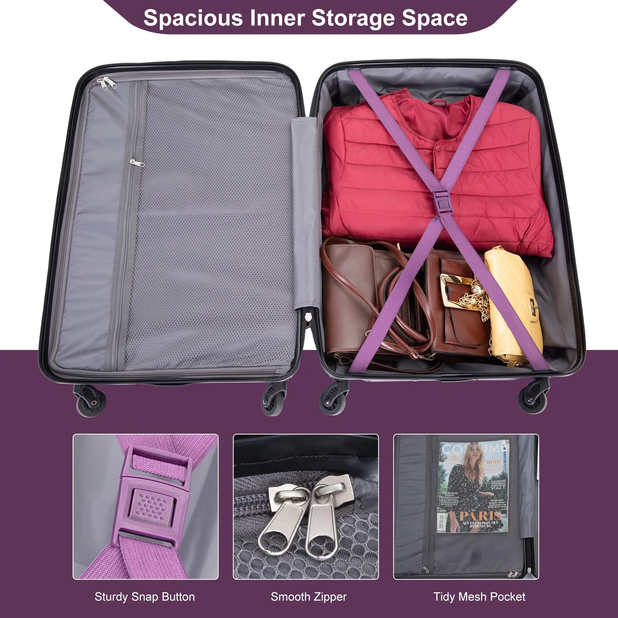 Expandable 3 Piece Luggage Sets PC Lightweight & Durable Suitcase with Two Hooks, Spinner Wheels, TSA Lock, (21/25/29)