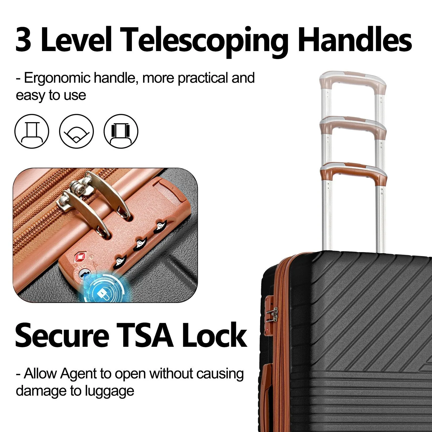 Hardshell Luggage Sets with Adjusted Handle and Spinner Wheels, 3 Pcs Lightweight Suitcase with Combination Lock (20''24''28'')