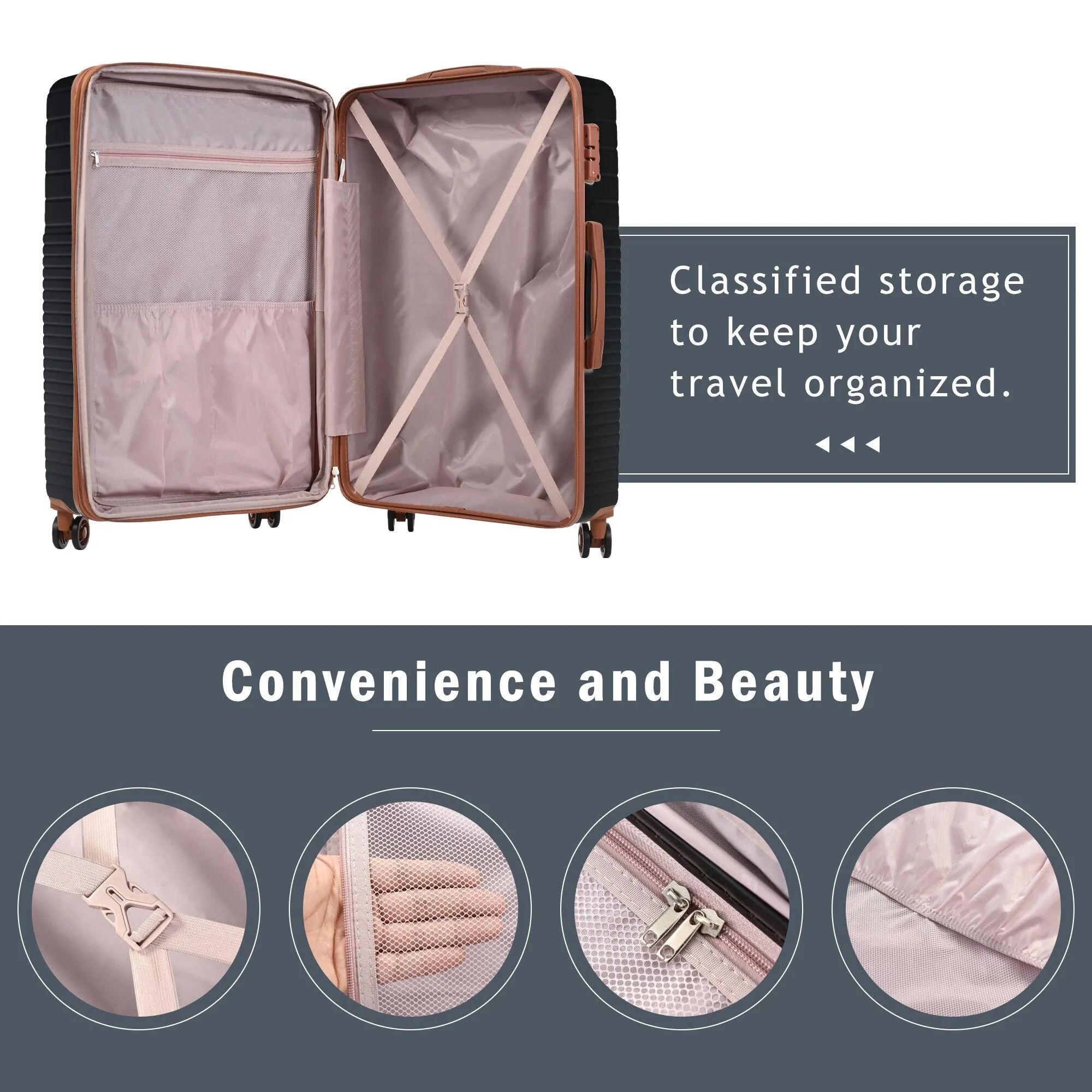 Hardshell Luggage Sets with Adjusted Handle and Spinner Wheels, 3 Pcs Lightweight Suitcase with Combination Lock (20''24''28'')