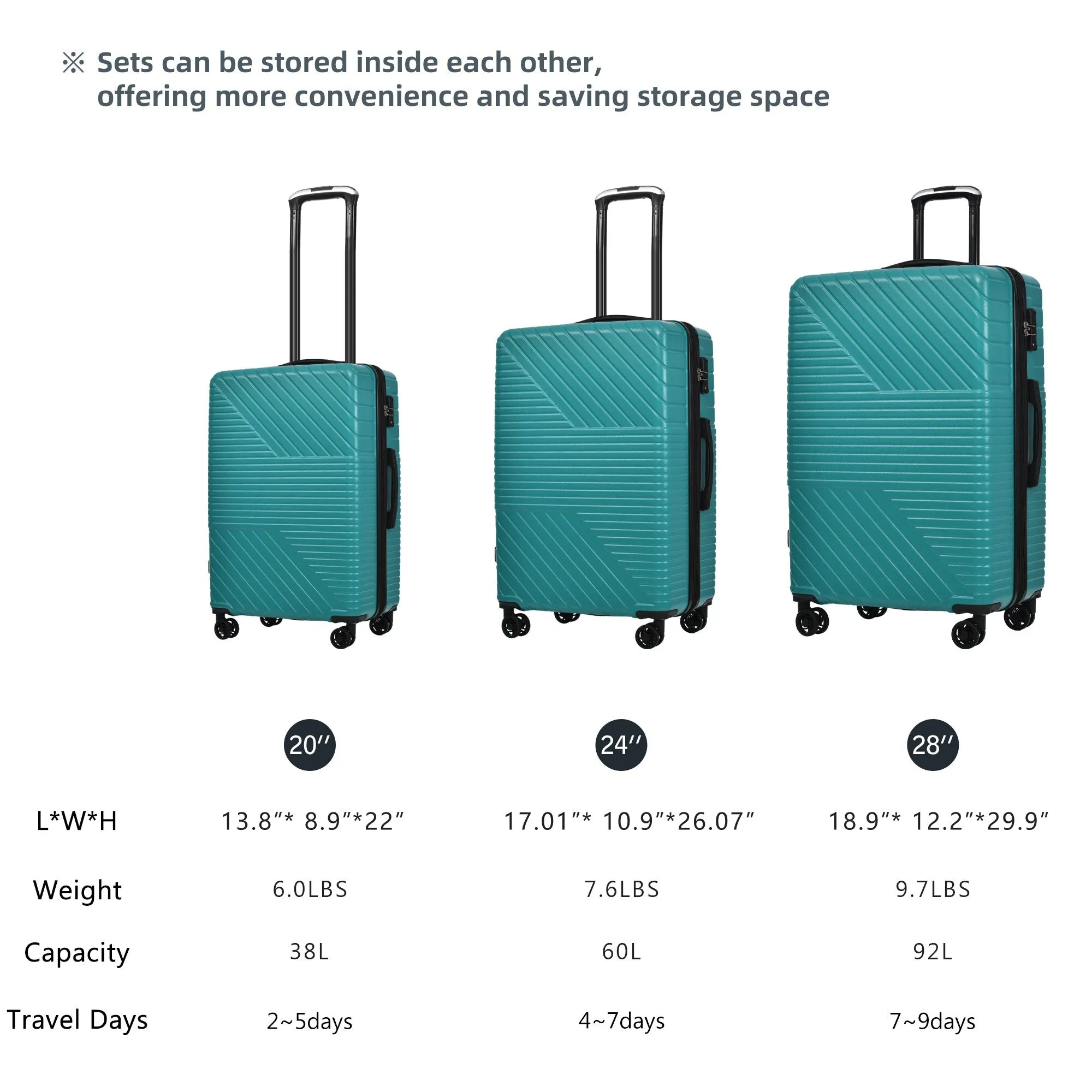 Hardshell Luggage Sets with Adjusted Handle and Spinner Wheels, 3 Pcs Lightweight Suitcase with Combination Lock (20''24''28'')