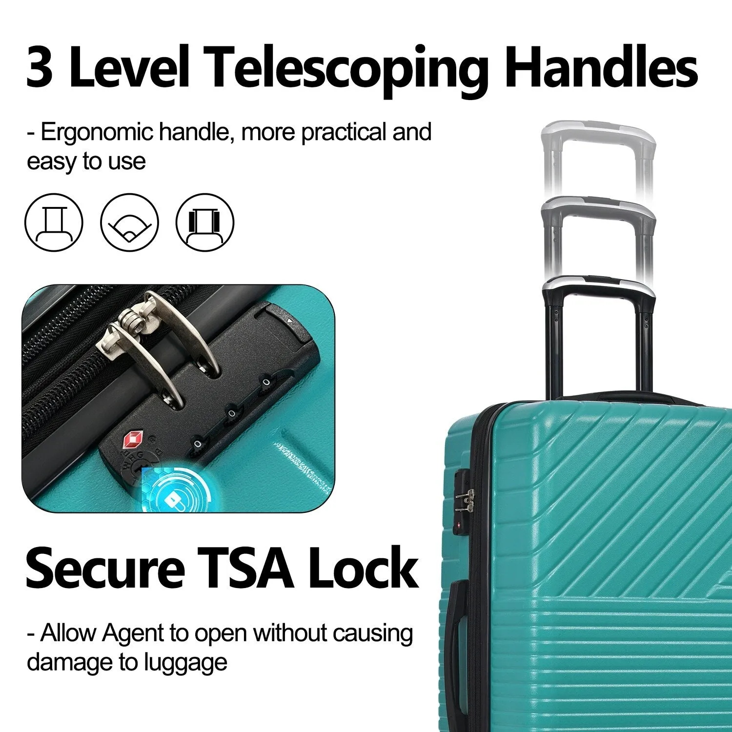 Hardshell Luggage Sets with Adjusted Handle and Spinner Wheels, 3 Pcs Lightweight Suitcase with Combination Lock (20''24''28'')