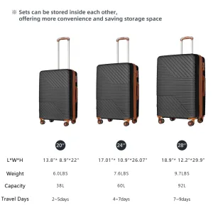 Hardshell Luggage Sets with Adjusted Handle and Spinner Wheels, 3 Pcs Lightweight Suitcase with Combination Lock (20''24''28'')