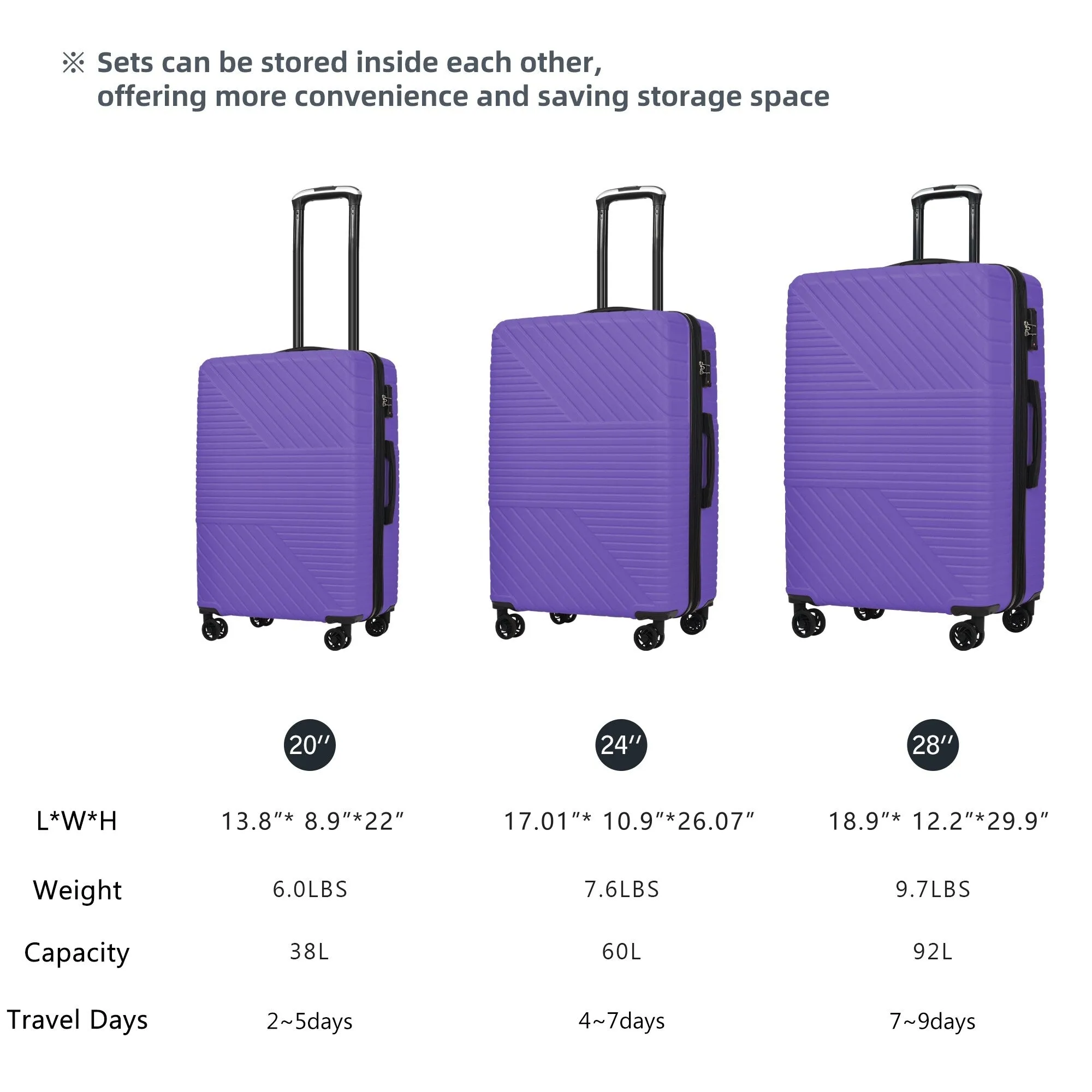 Hardshell Luggage Sets with Adjusted Handle and Spinner Wheels, 3 Pcs Lightweight Suitcase with Combination Lock (20''24''28'')