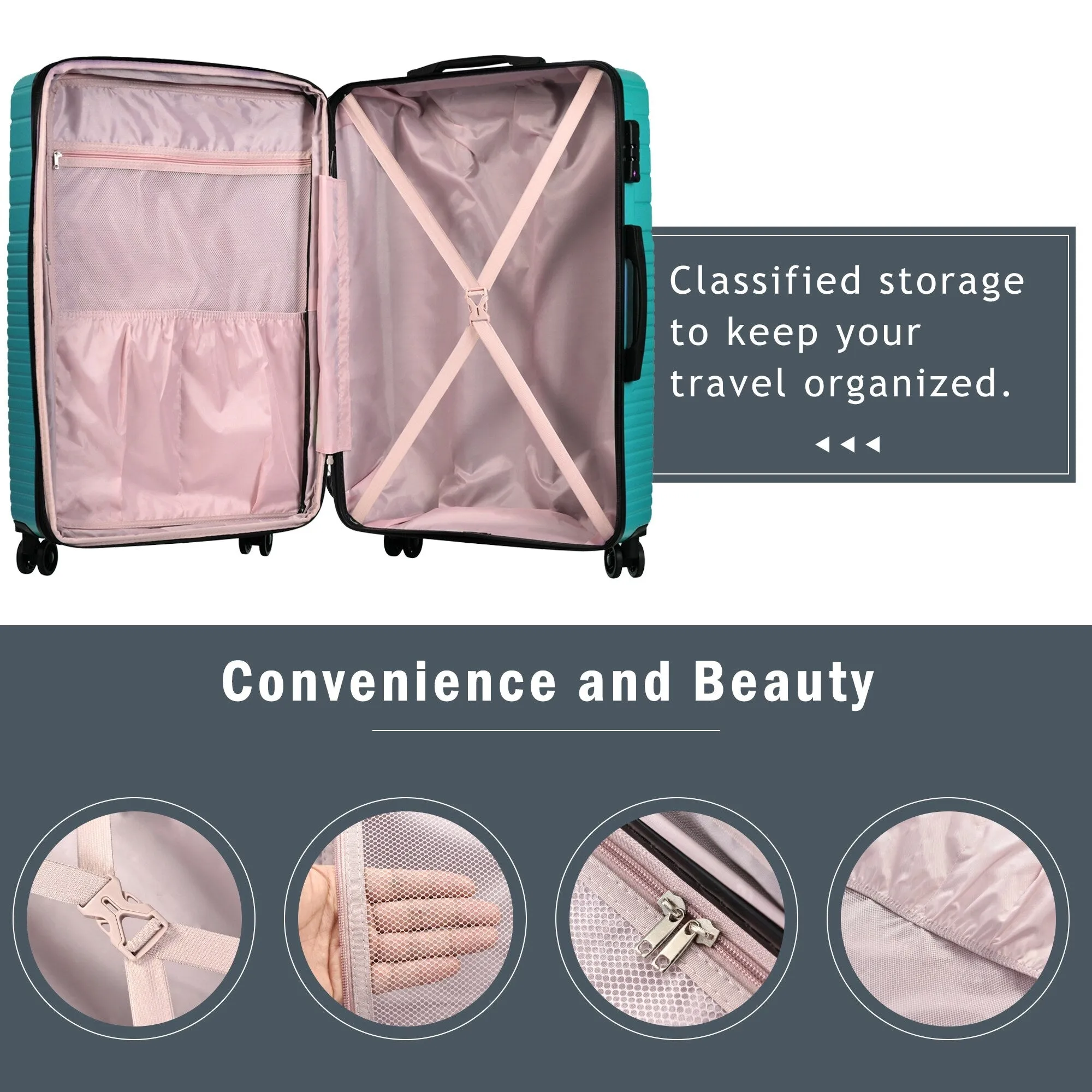 Hardshell Luggage Sets with Adjusted Handle and Spinner Wheels, 3 Pcs Lightweight Suitcase with Combination Lock (20''24''28'')