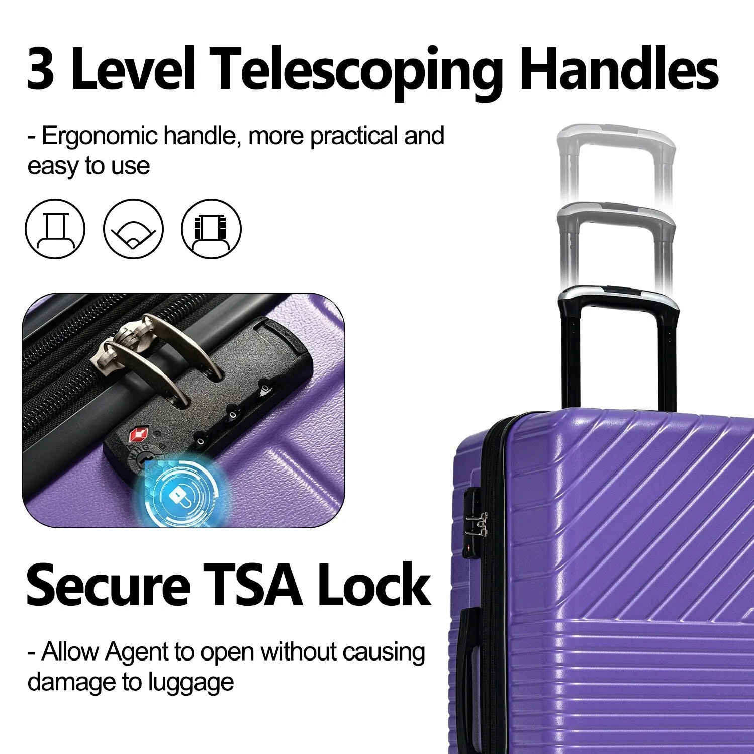 Hardshell Luggage Sets with Adjusted Handle and Spinner Wheels, 3 Pcs Lightweight Suitcase with Combination Lock (20''24''28'')
