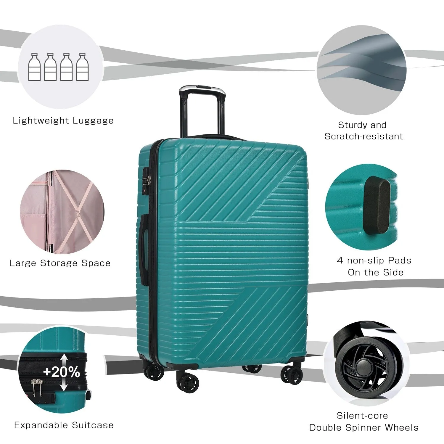 Hardshell Luggage Sets with Adjusted Handle and Spinner Wheels, 3 Pcs Lightweight Suitcase with Combination Lock (20''24''28'')