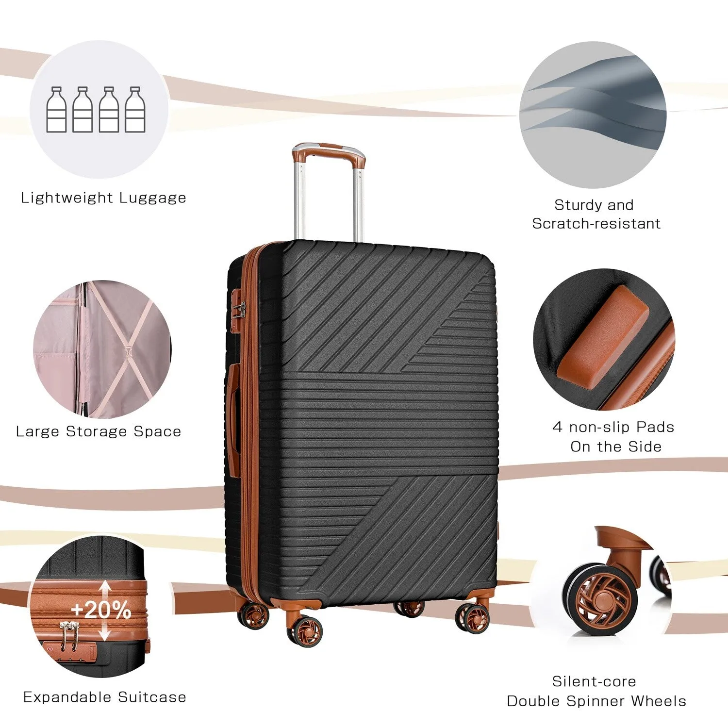 Hardshell Luggage Sets with Adjusted Handle and Spinner Wheels, 3 Pcs Lightweight Suitcase with Combination Lock (20''24''28'')