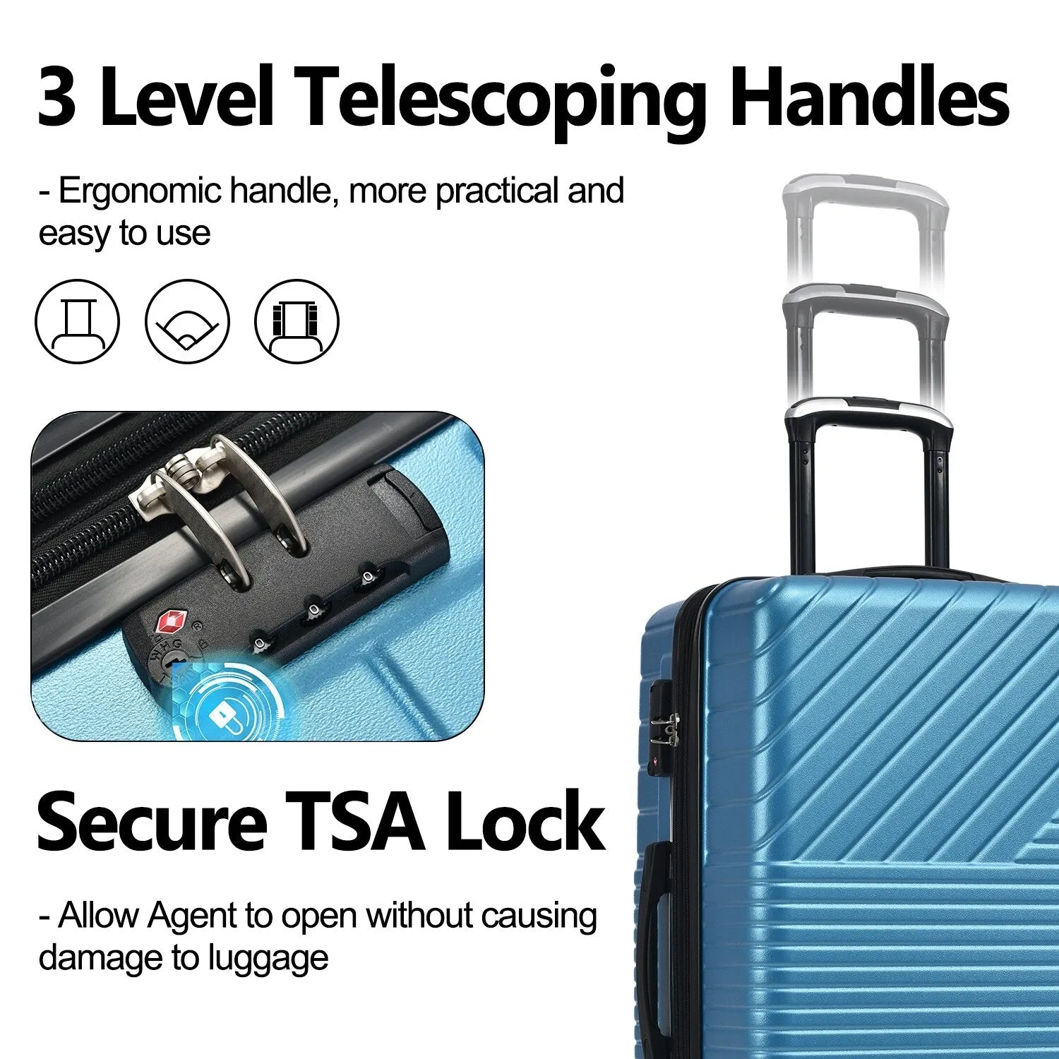 Hardshell Luggage Sets with Adjusted Handle and Spinner Wheels, 3 Pcs Lightweight Suitcase with Combination Lock (20''24''28'')