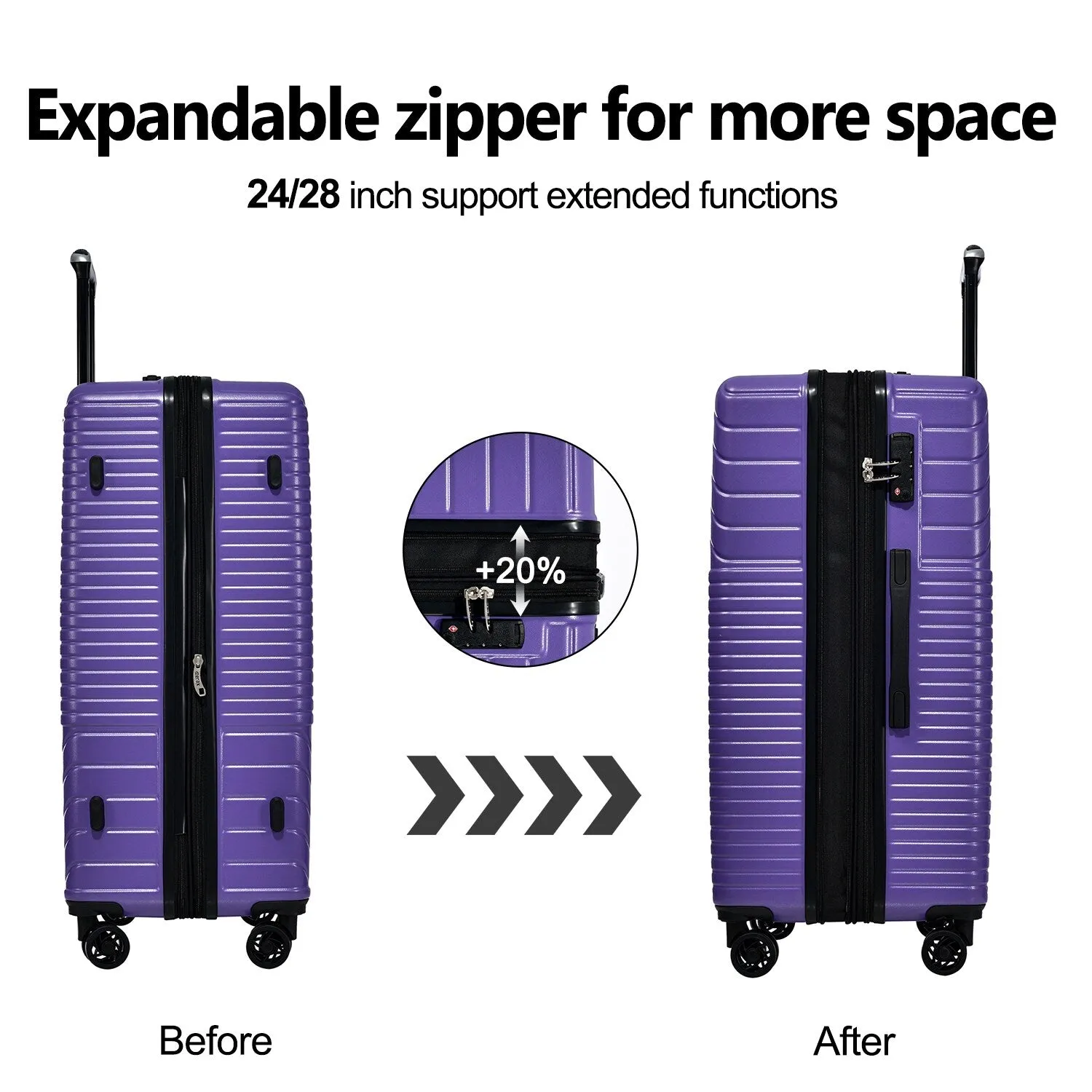 Hardshell Luggage Sets with Adjusted Handle and Spinner Wheels, 3 Pcs Lightweight Suitcase with Combination Lock (20''24''28'')