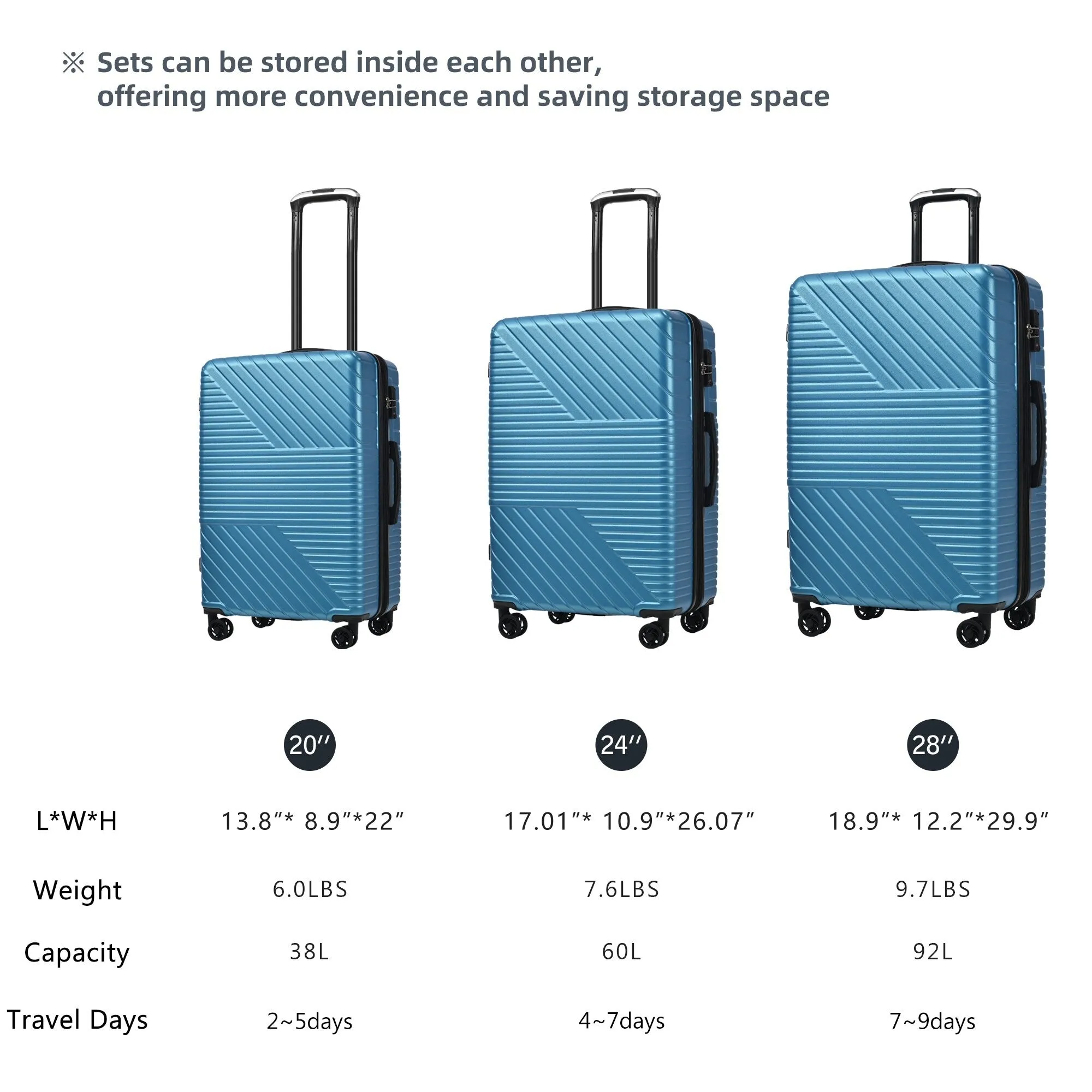 Hardshell Luggage Sets with Adjusted Handle and Spinner Wheels, 3 Pcs Lightweight Suitcase with Combination Lock (20''24''28'')