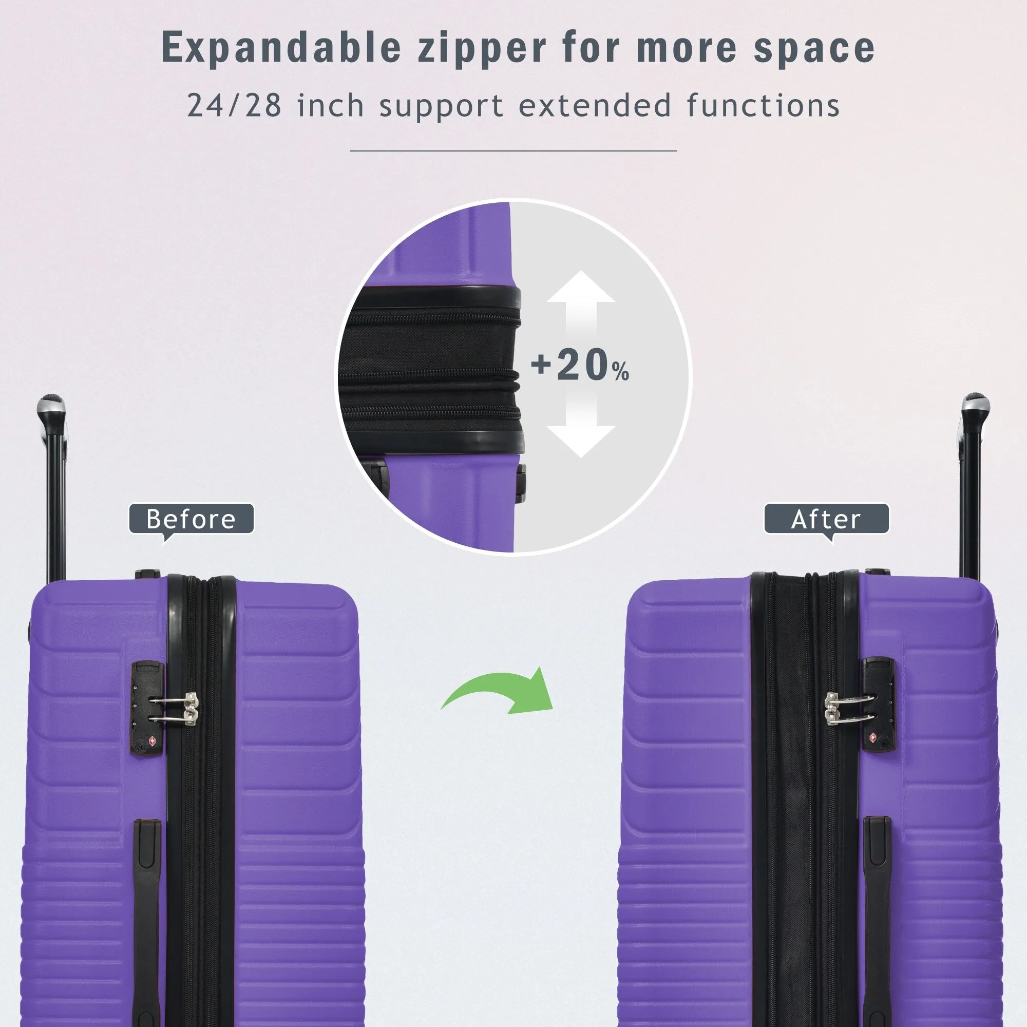 Hardshell Luggage Sets with Adjusted Handle and Spinner Wheels, 3 Pcs Lightweight Suitcase with Combination Lock (20''24''28'')