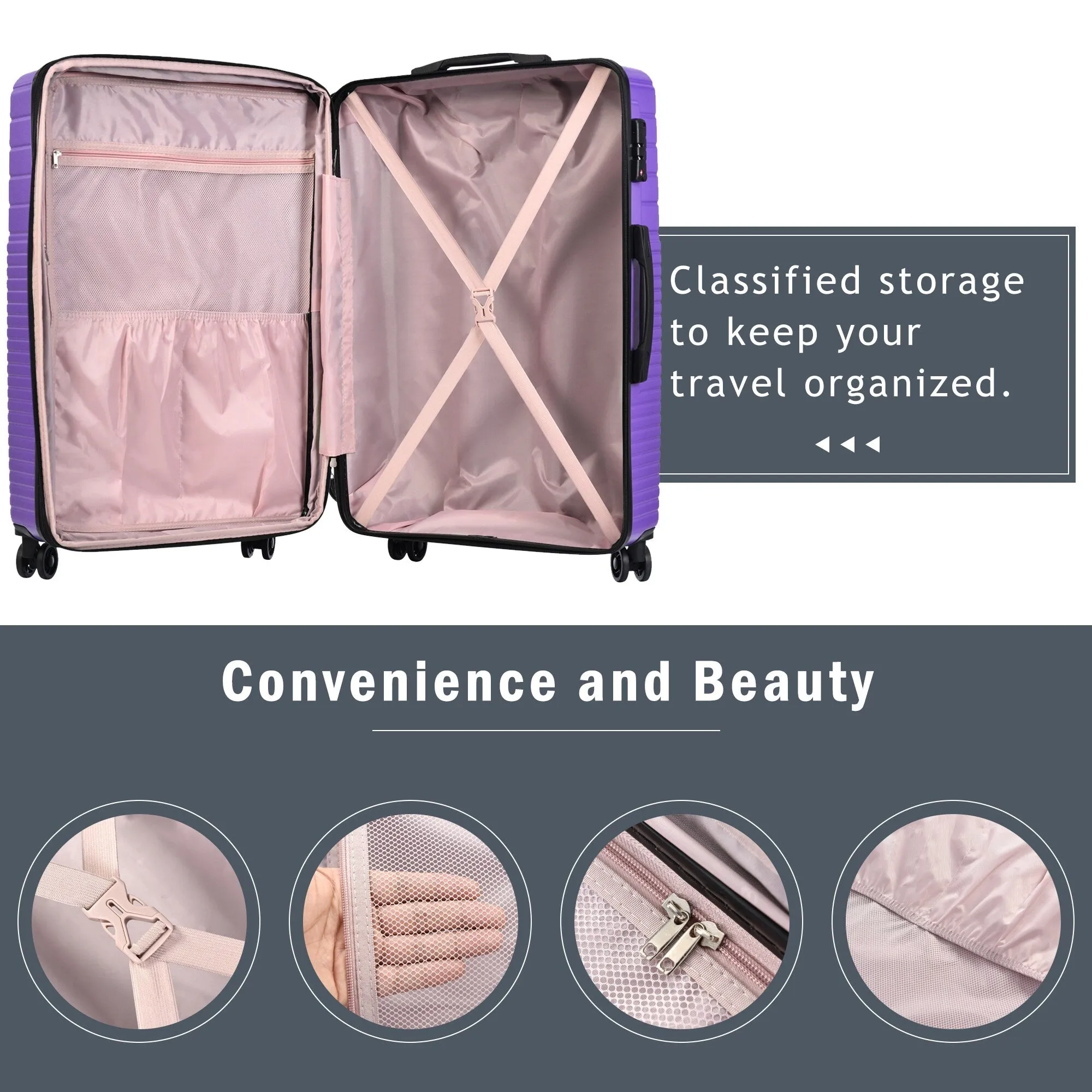 Hardshell Luggage Sets with Adjusted Handle and Spinner Wheels, 3 Pcs Lightweight Suitcase with Combination Lock (20''24''28'')