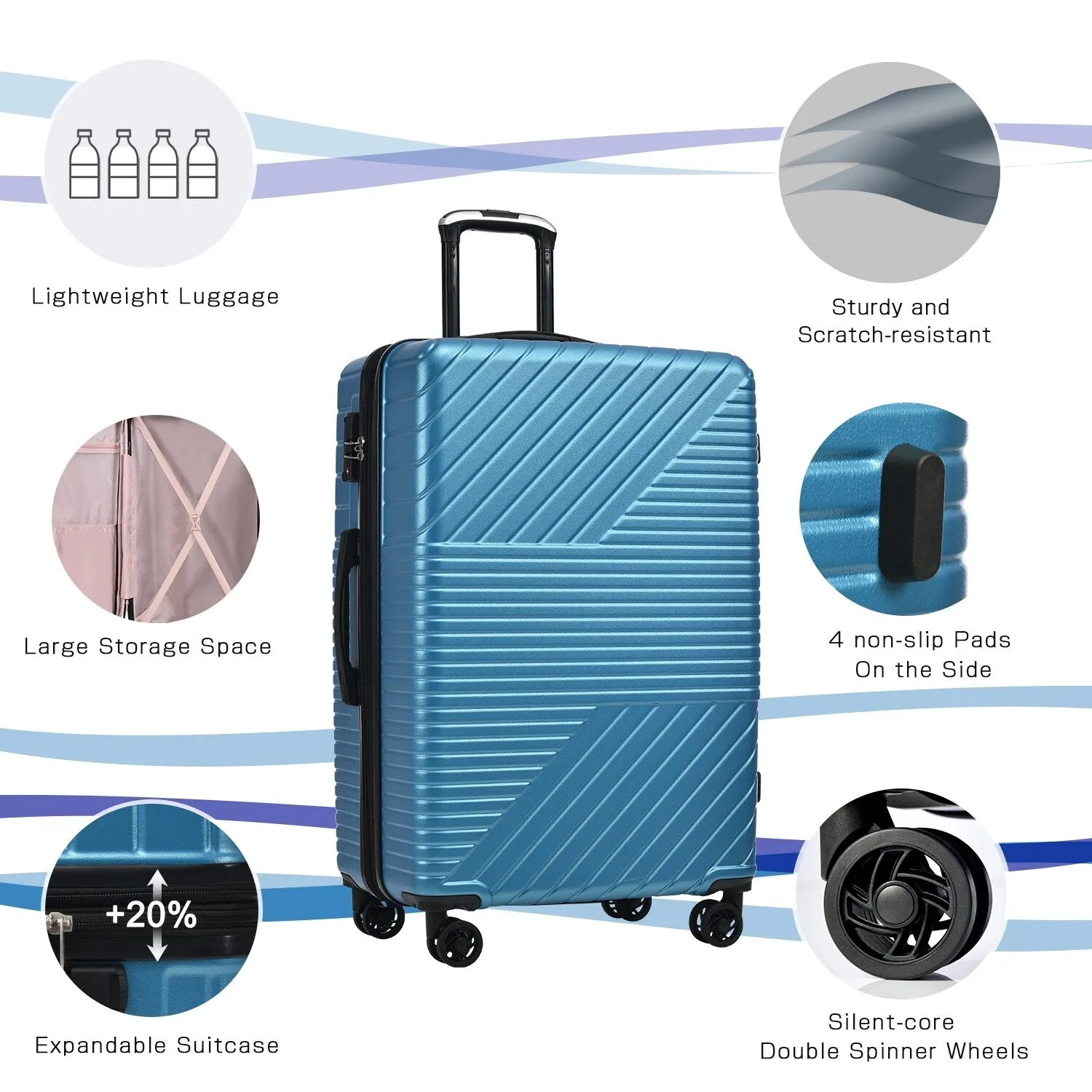 Hardshell Luggage Sets with Adjusted Handle and Spinner Wheels, 3 Pcs Lightweight Suitcase with Combination Lock (20''24''28'')