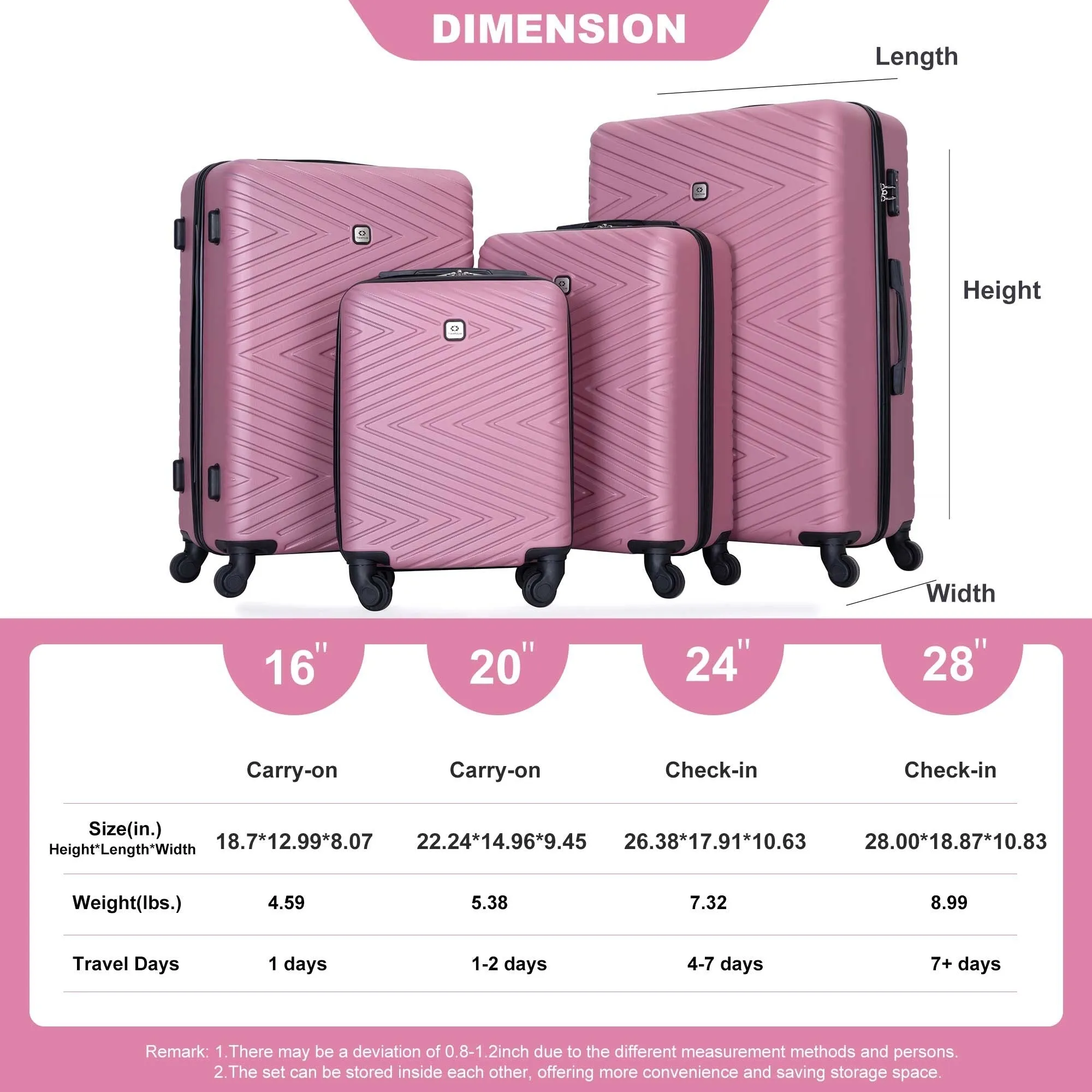 Hardsided 4-piece Luggage with Rotating Wheels and TSA Lock, ABS Lightweight Suitcase with Adjustable Pull Rod (16/20/24/28)