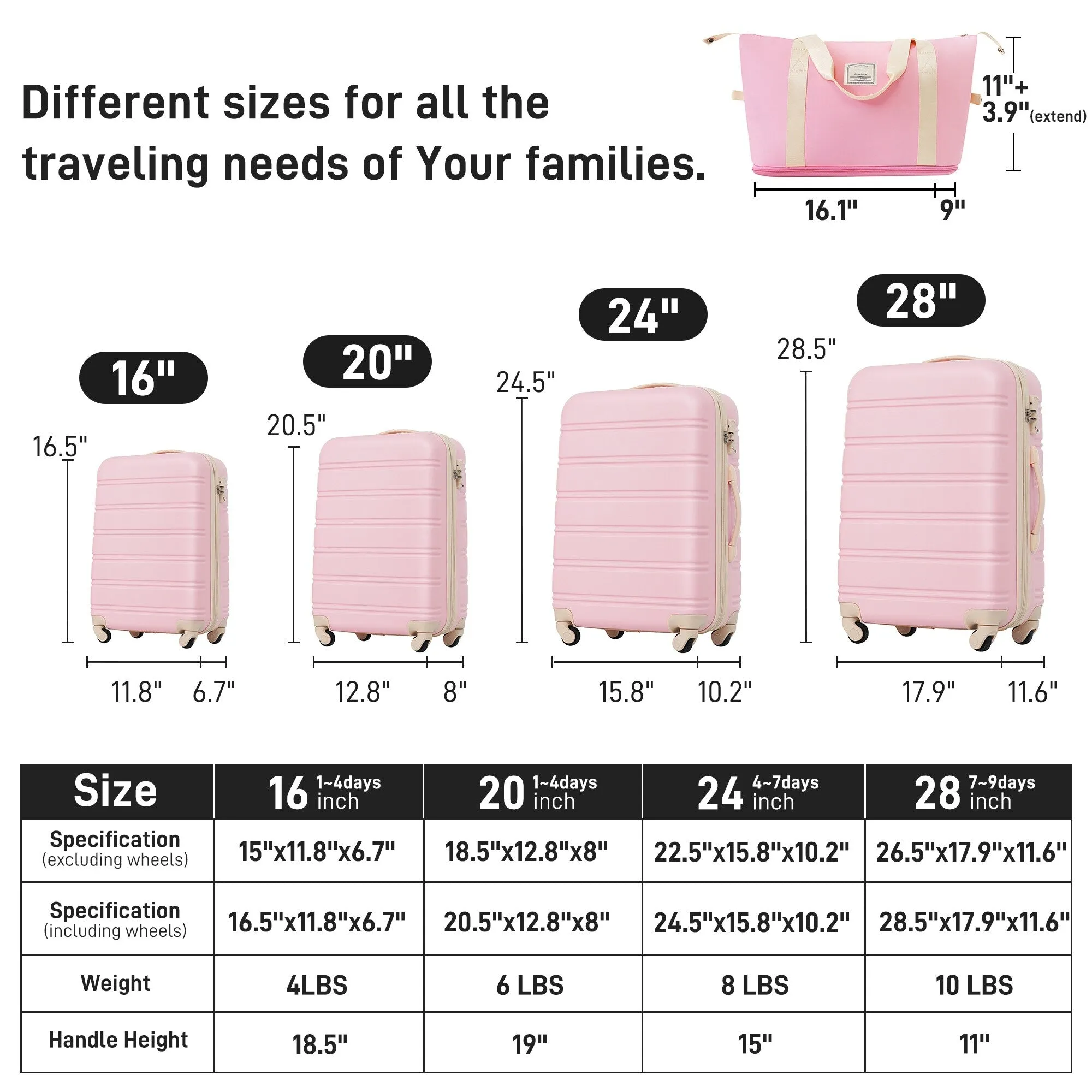 Lightweight Luggage Sets with Expanable Spinner Wheels and Handle, 4 pcs Bag Spinner Suitcase with 3 Digit Lock (16"/20"/24/28")