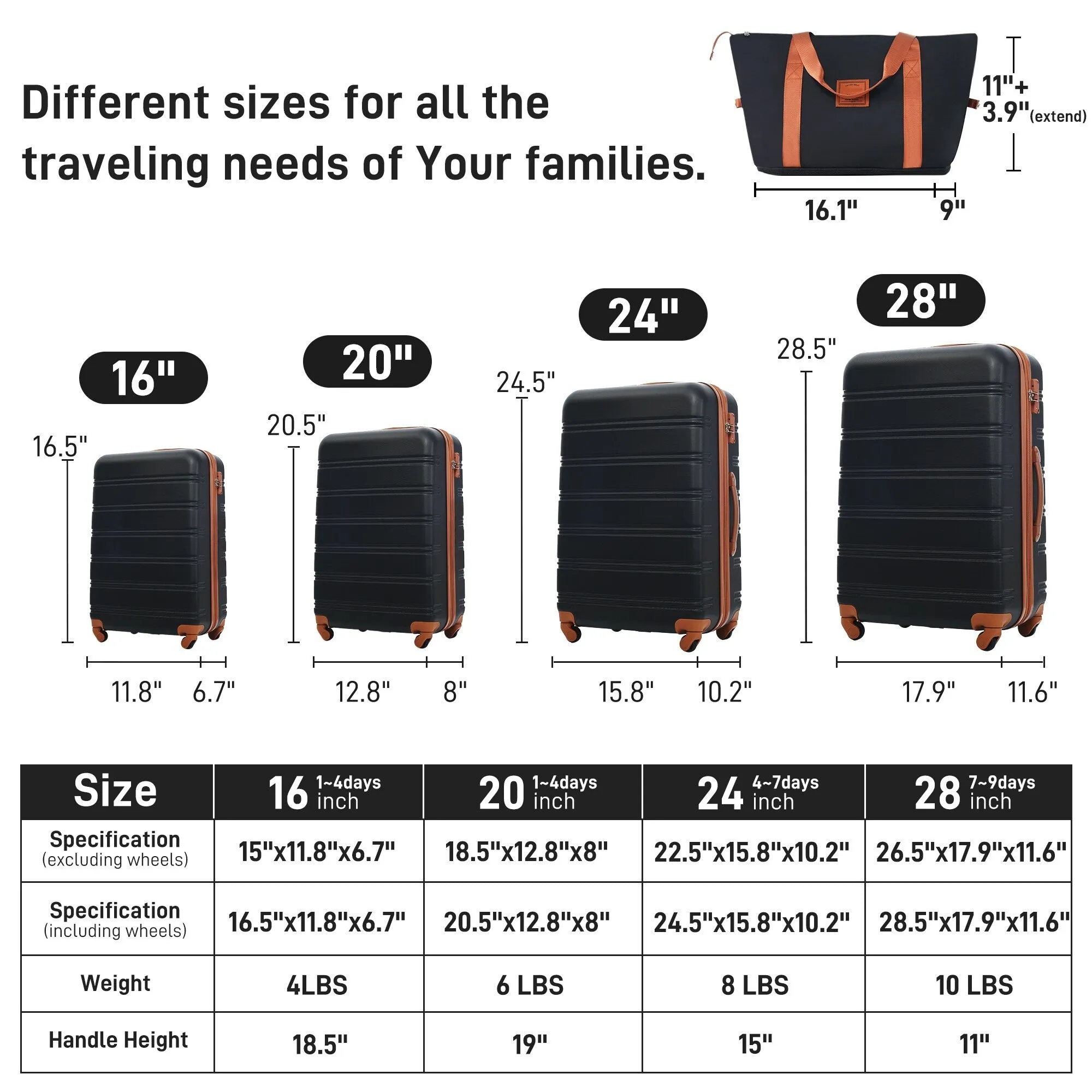 Lightweight Luggage Sets with Expanable Spinner Wheels and Handle, 4 pcs Bag Spinner Suitcase with 3 Digit Lock (16"/20"/24/28")