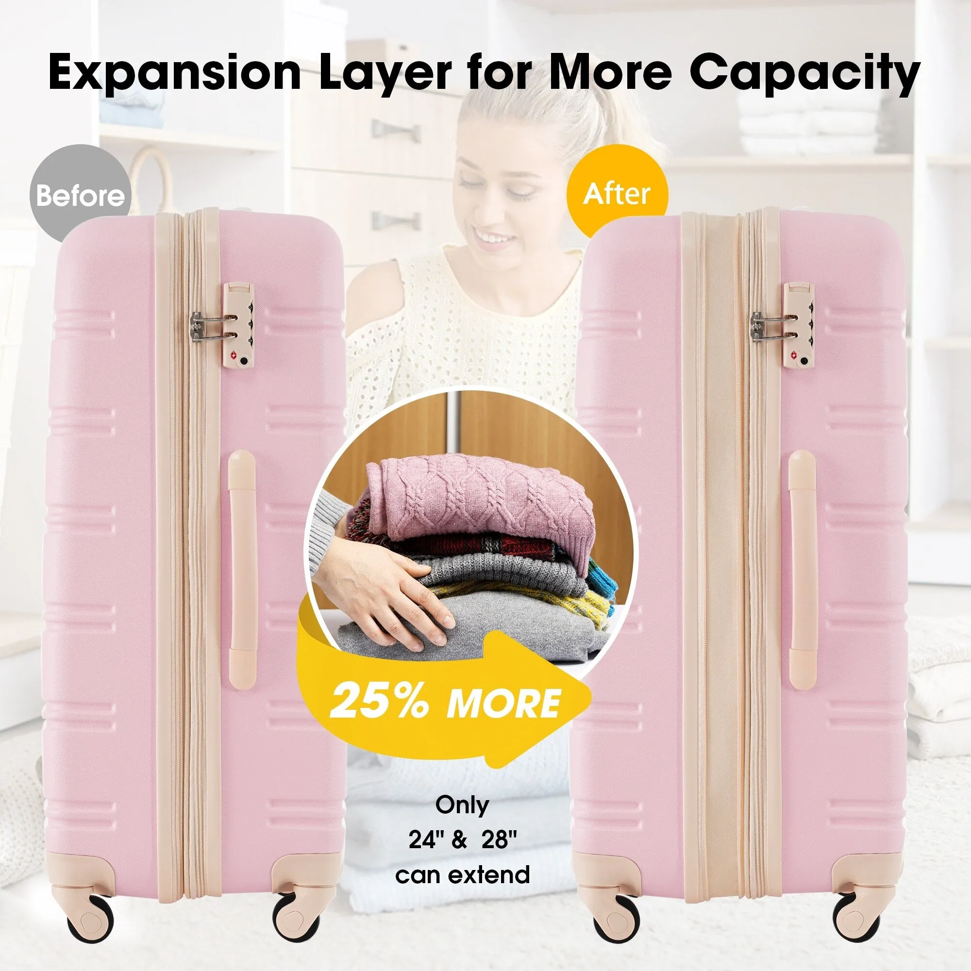 Lightweight Luggage Sets with Expanable Spinner Wheels and Handle, 4 pcs Bag Spinner Suitcase with 3 Digit Lock (16"/20"/24/28")