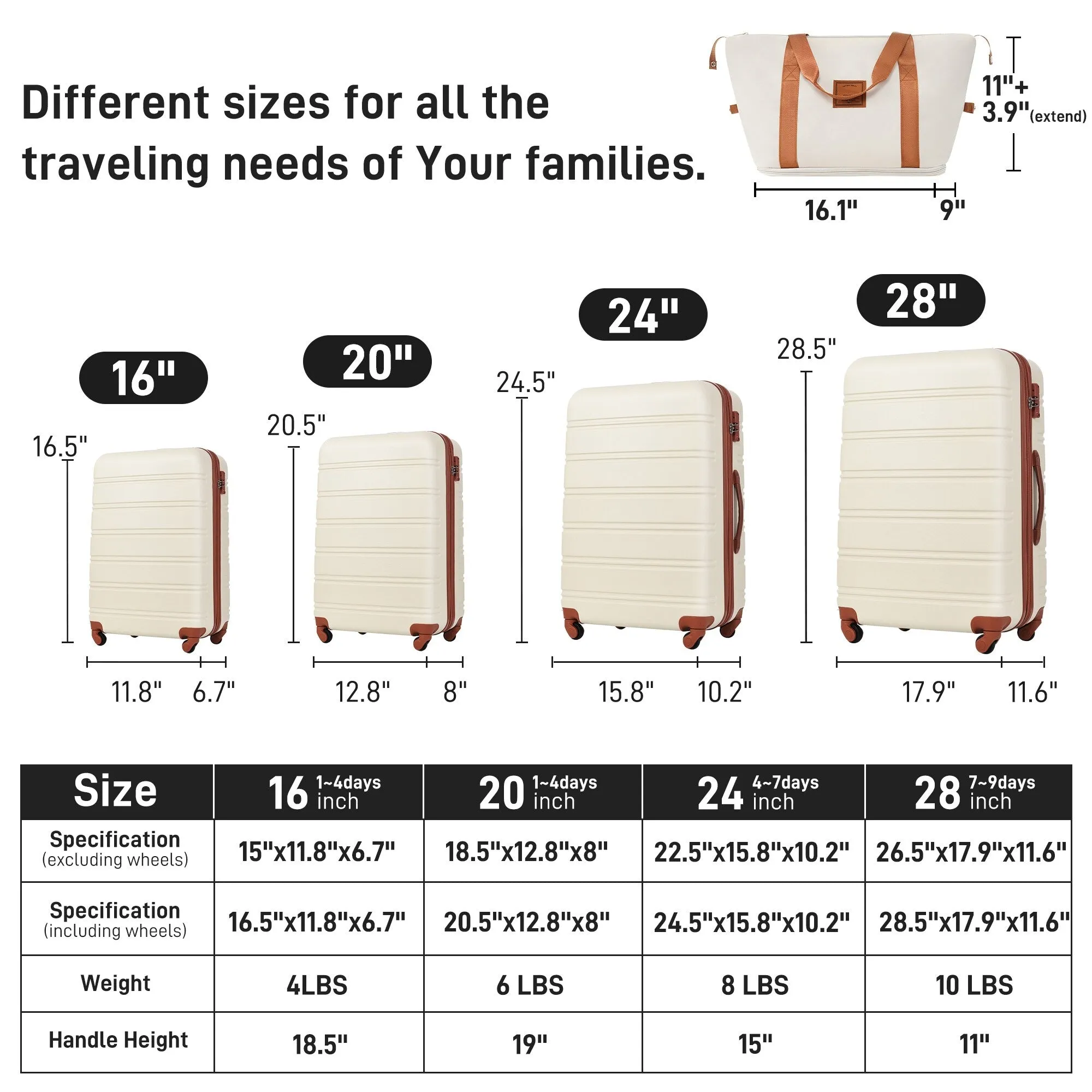 Lightweight Luggage Sets with Expanable Spinner Wheels and Handle, 4 pcs Bag Spinner Suitcase with 3 Digit Lock (16"/20"/24/28")