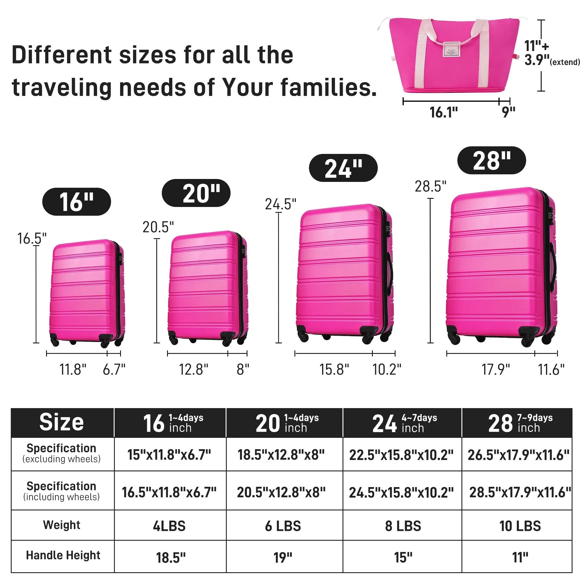 Lightweight Luggage Sets with Expanable Spinner Wheels and Handle, 4 pcs Bag Spinner Suitcase with 3 Digit Lock (16"/20"/24/28")