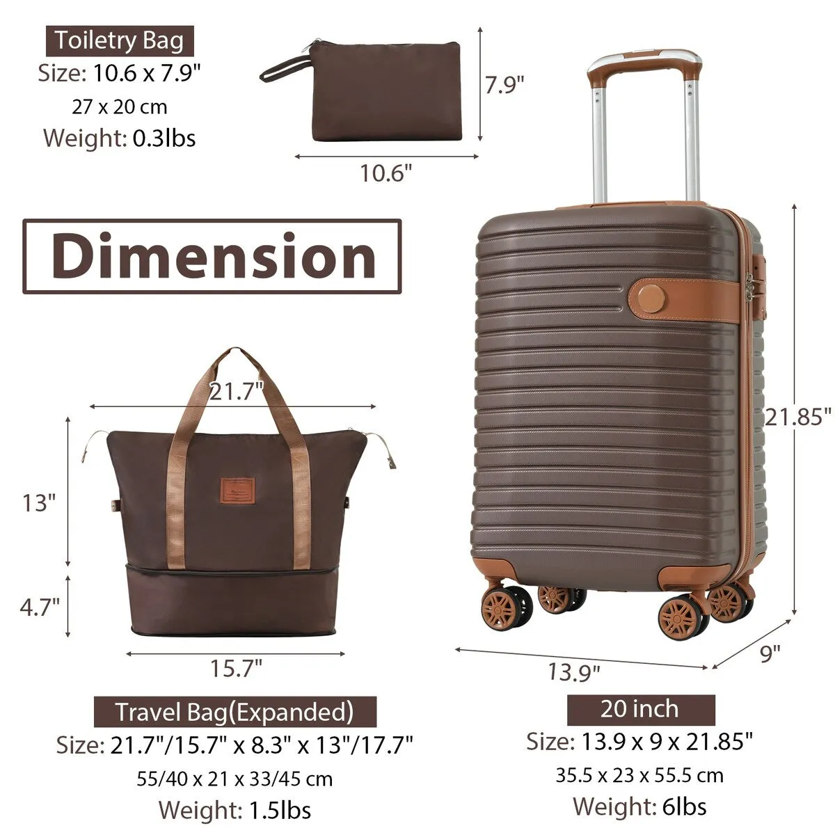 Luggage Set 3 Piece Carry On Luggage 22x14x9 Aviation Approved, Lightweight Hard Shell ABS Luggage