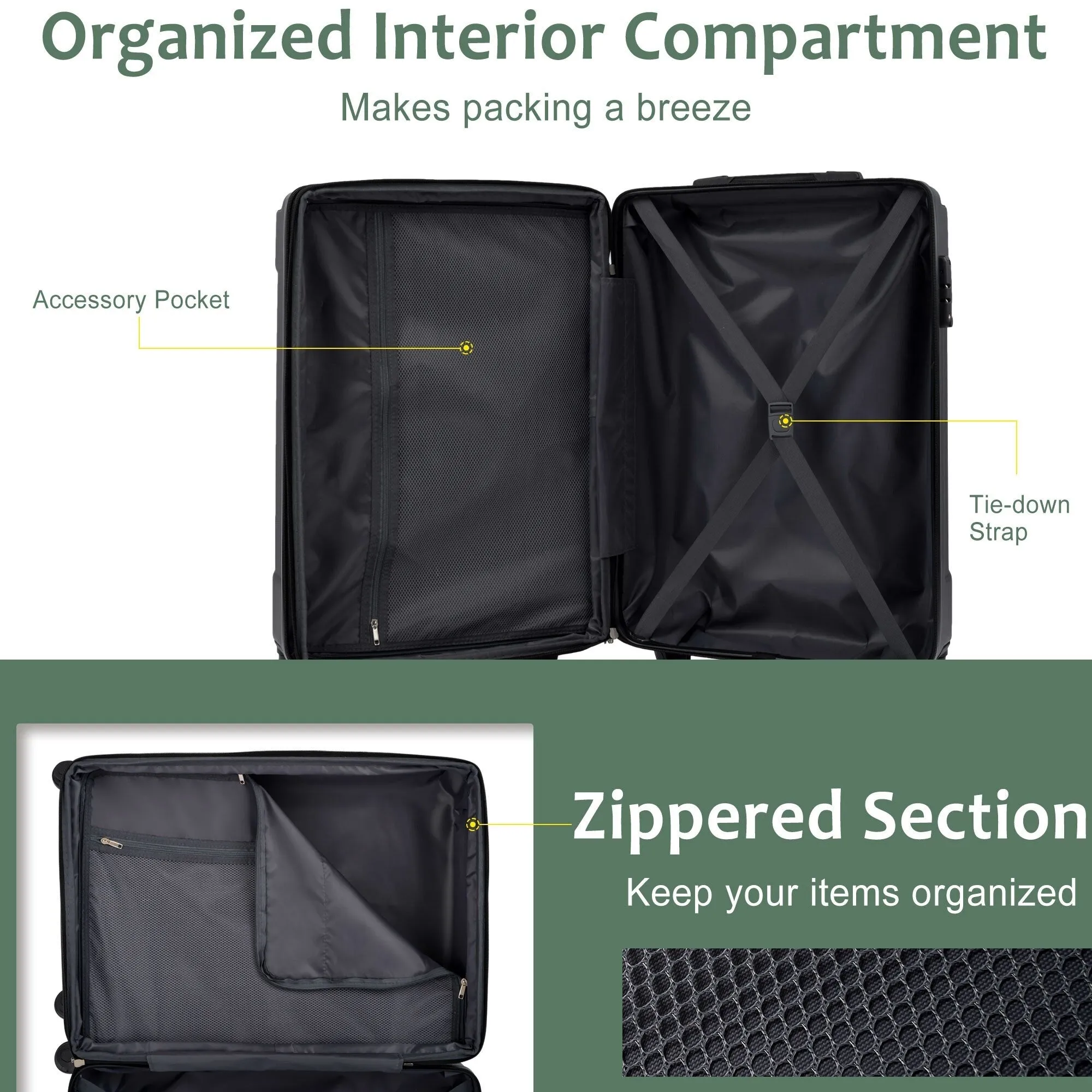Luggage Sets 3 Piece, Hard shell ABS Lightweight Durable Suitcases with Double Spinner Wheels 20/24/28 Inch