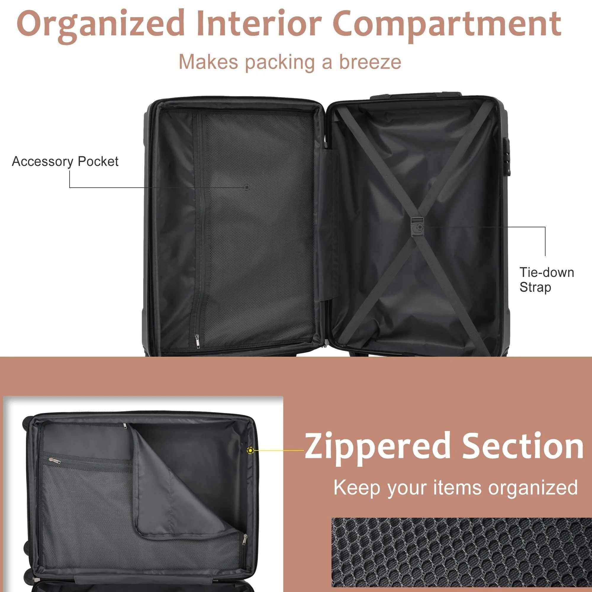 Luggage Sets 3 Piece, Hard shell ABS Lightweight Durable Suitcases with Double Spinner Wheels 20/24/28 Inch