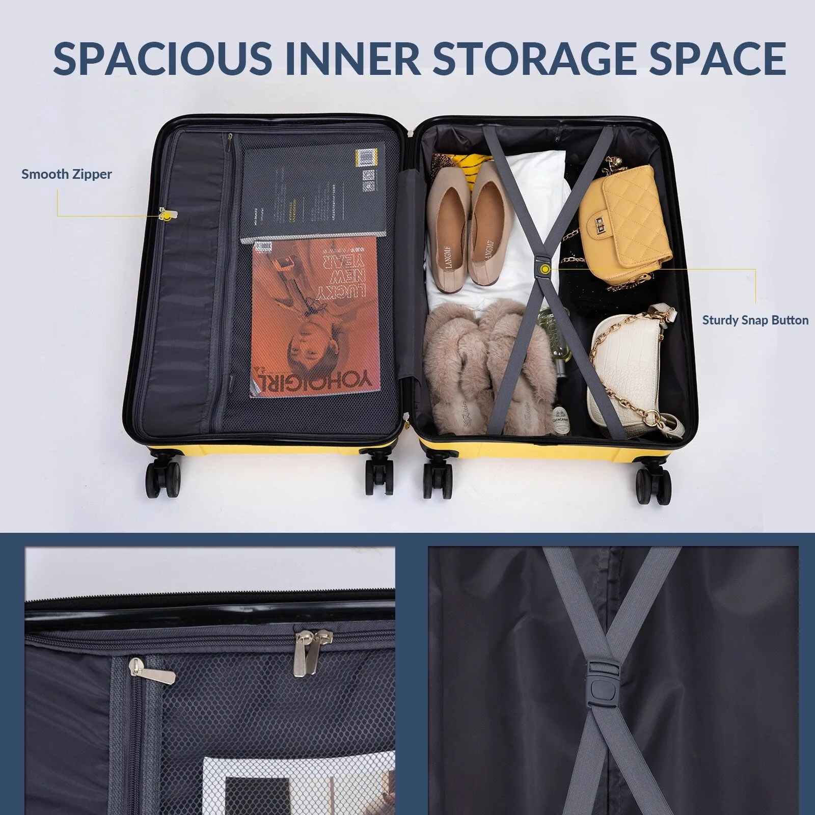 Multi-Size Luggage Set with Double Spinner Wheels and TSA Lock, 3-Piece Lightweight Suitcase with Hooks and Name Card