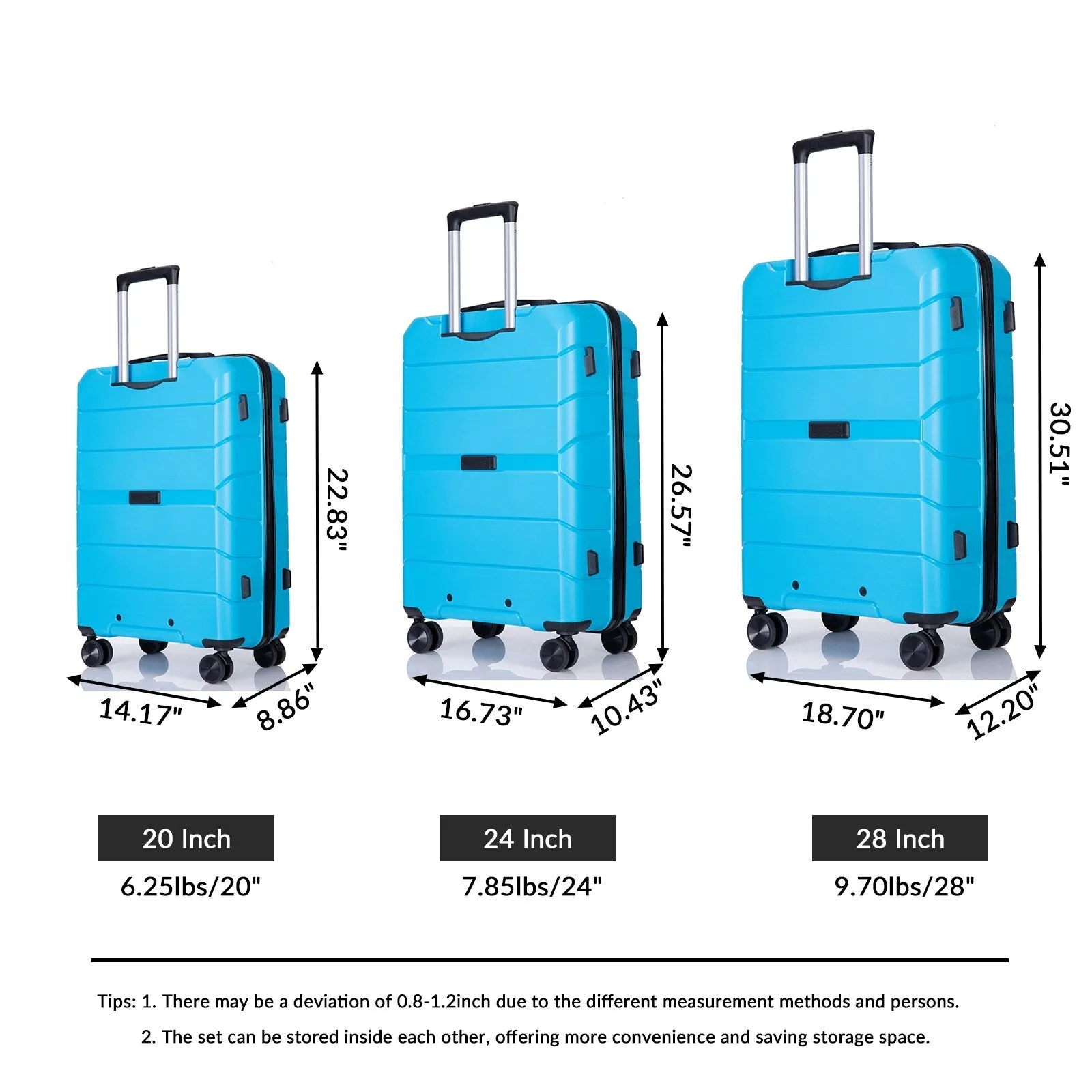 Multi-Size Luggage Set with Double Spinner Wheels and TSA Lock, 3-Piece Lightweight Suitcase with Hooks and Name Card