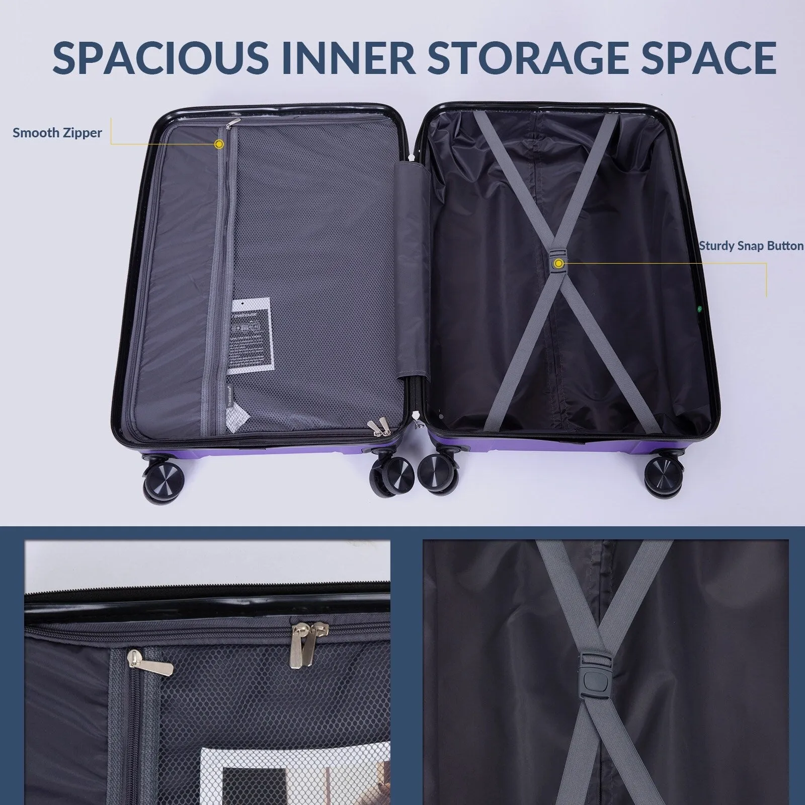 Multi-Size Luggage Set with Double Spinner Wheels and TSA Lock, 3-Piece Lightweight Suitcase with Hooks and Name Card