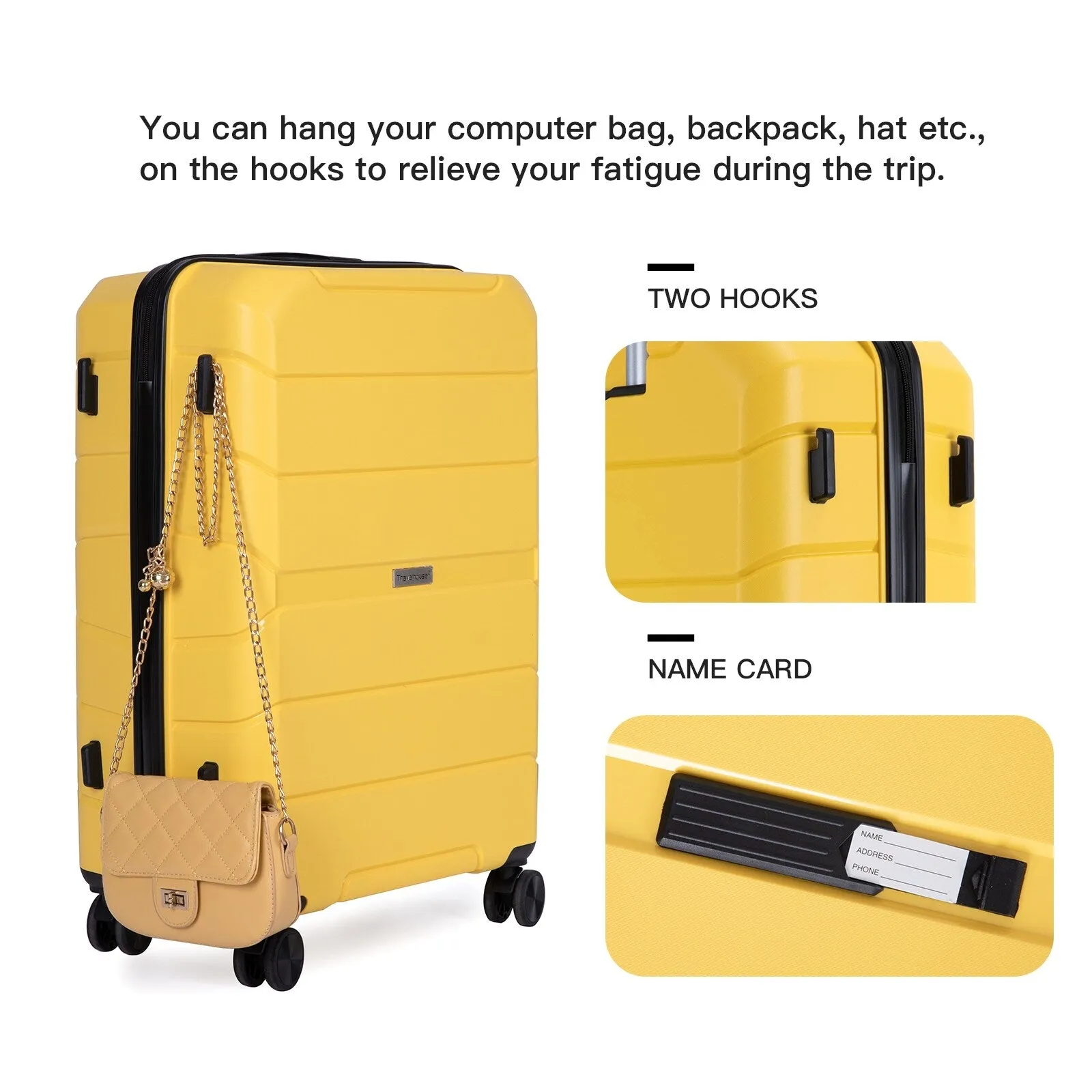 Multi-Size Luggage Set with Double Spinner Wheels and TSA Lock, 3-Piece Lightweight Suitcase with Hooks and Name Card