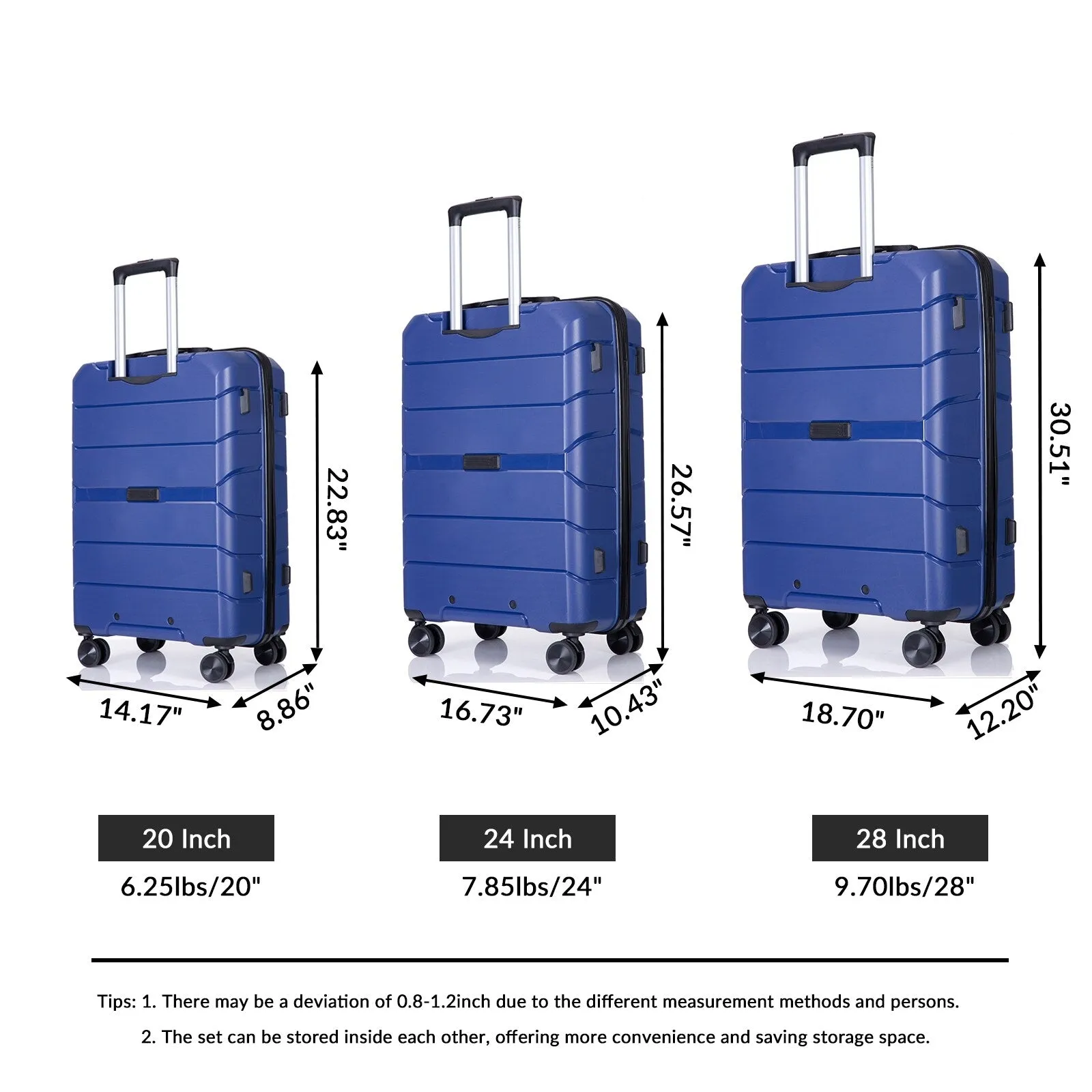 Multi-Size Luggage Set with Double Spinner Wheels and TSA Lock, 3-Piece Lightweight Suitcase with Hooks and Name Card