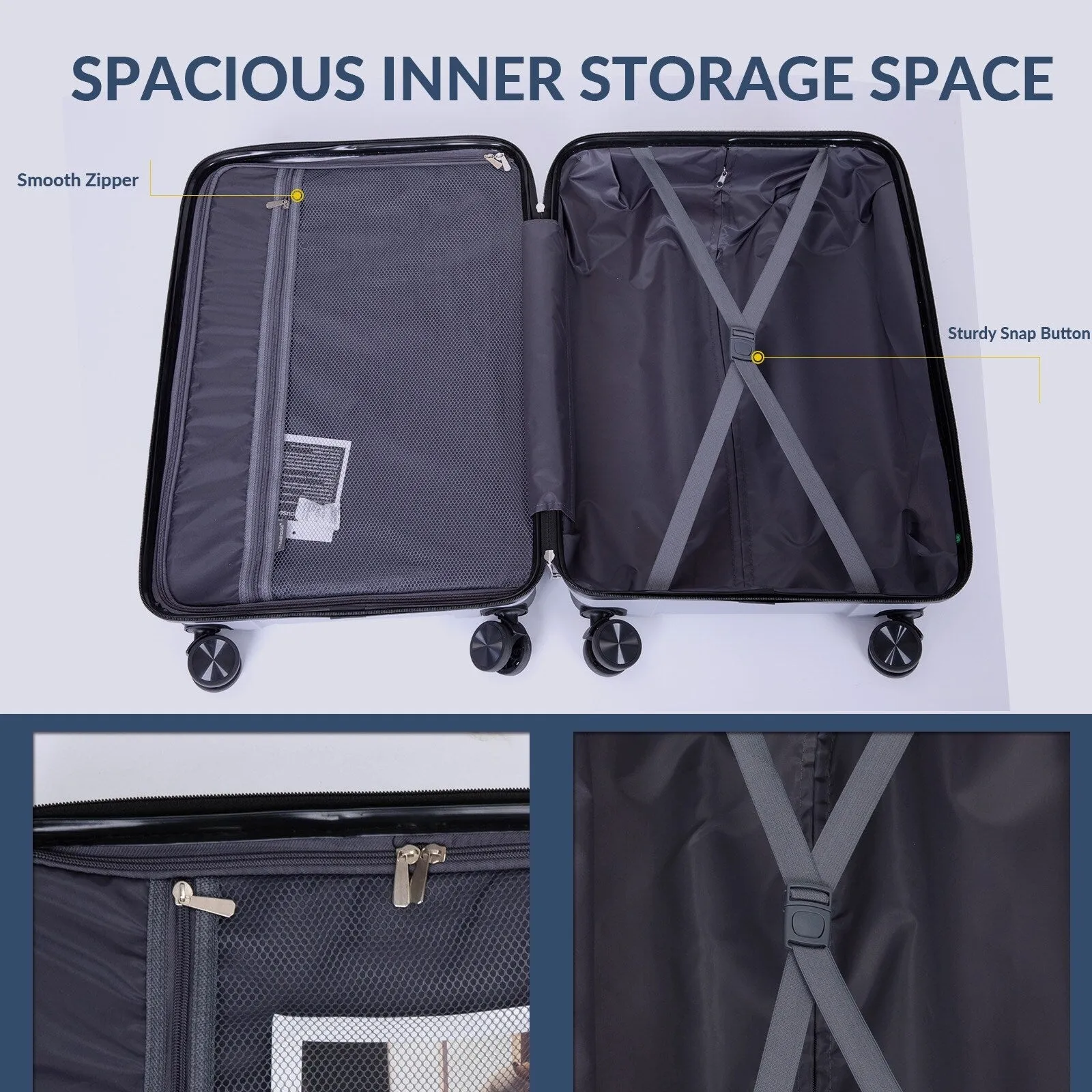 Multi-Size Luggage Set with Double Spinner Wheels and TSA Lock, 3-Piece Lightweight Suitcase with Hooks and Name Card
