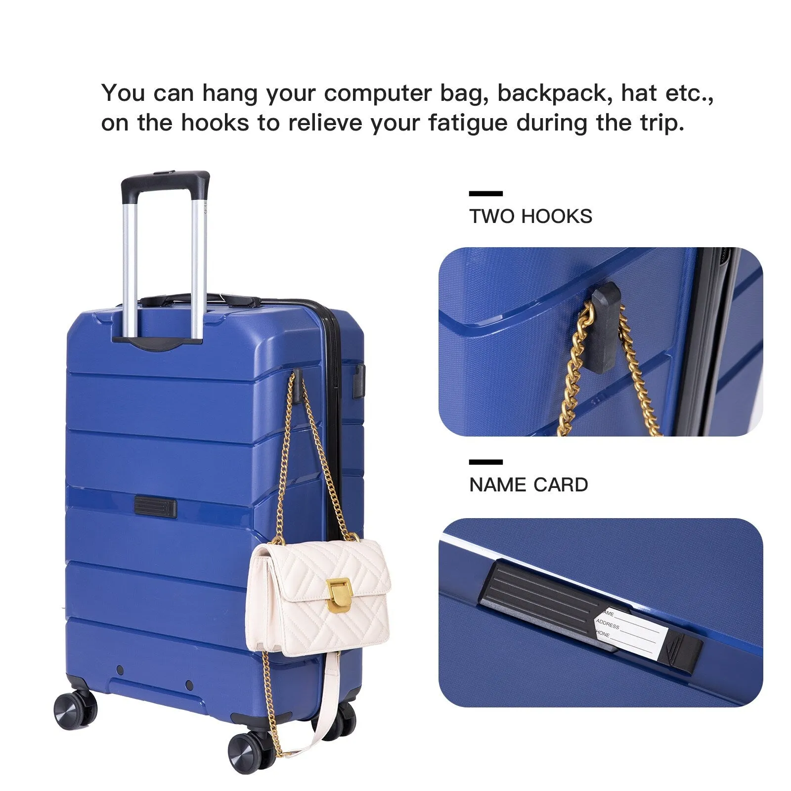 Multi-Size Luggage Set with Double Spinner Wheels and TSA Lock, 3-Piece Lightweight Suitcase with Hooks and Name Card