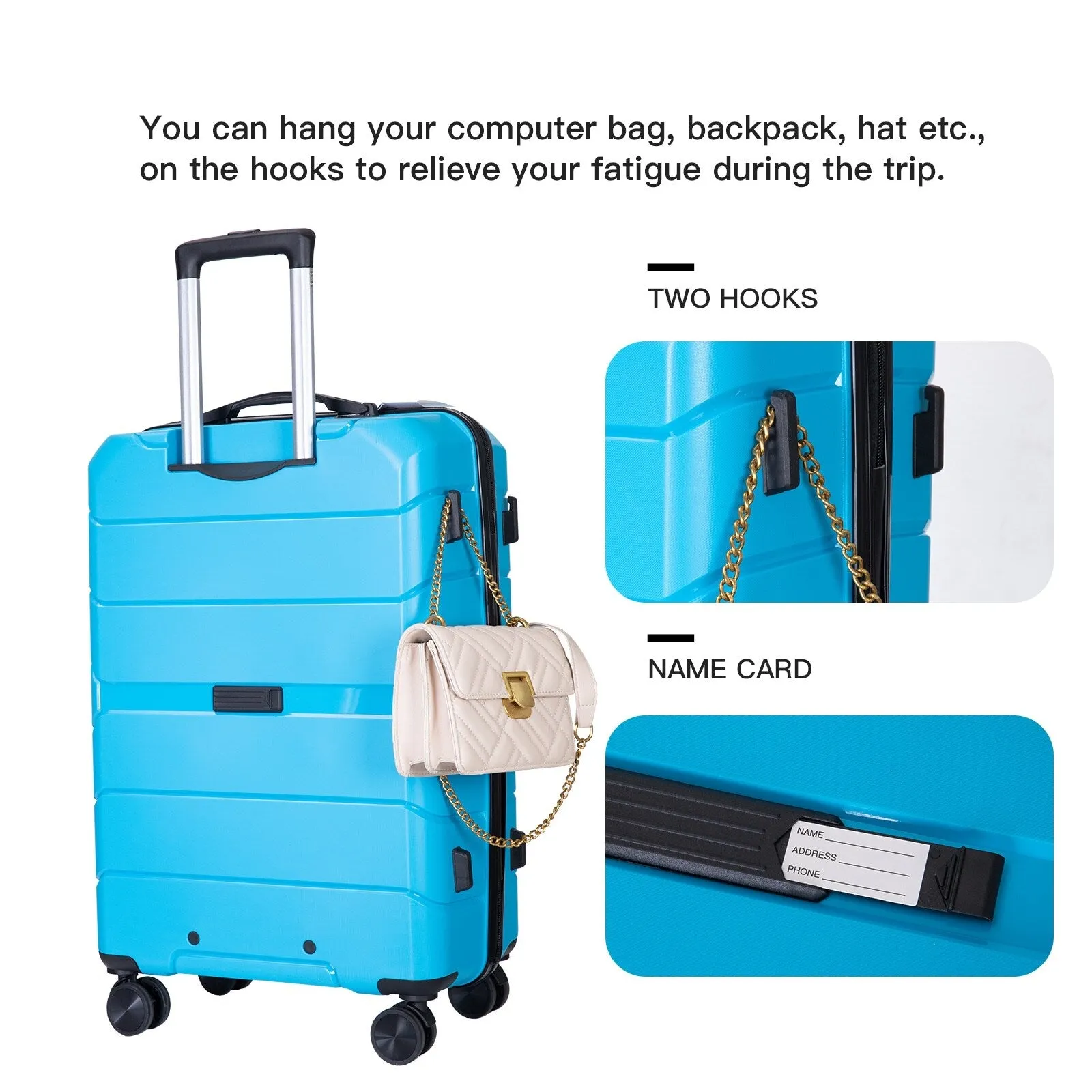 Multi-Size Luggage Set with Double Spinner Wheels and TSA Lock, 3-Piece Lightweight Suitcase with Hooks and Name Card