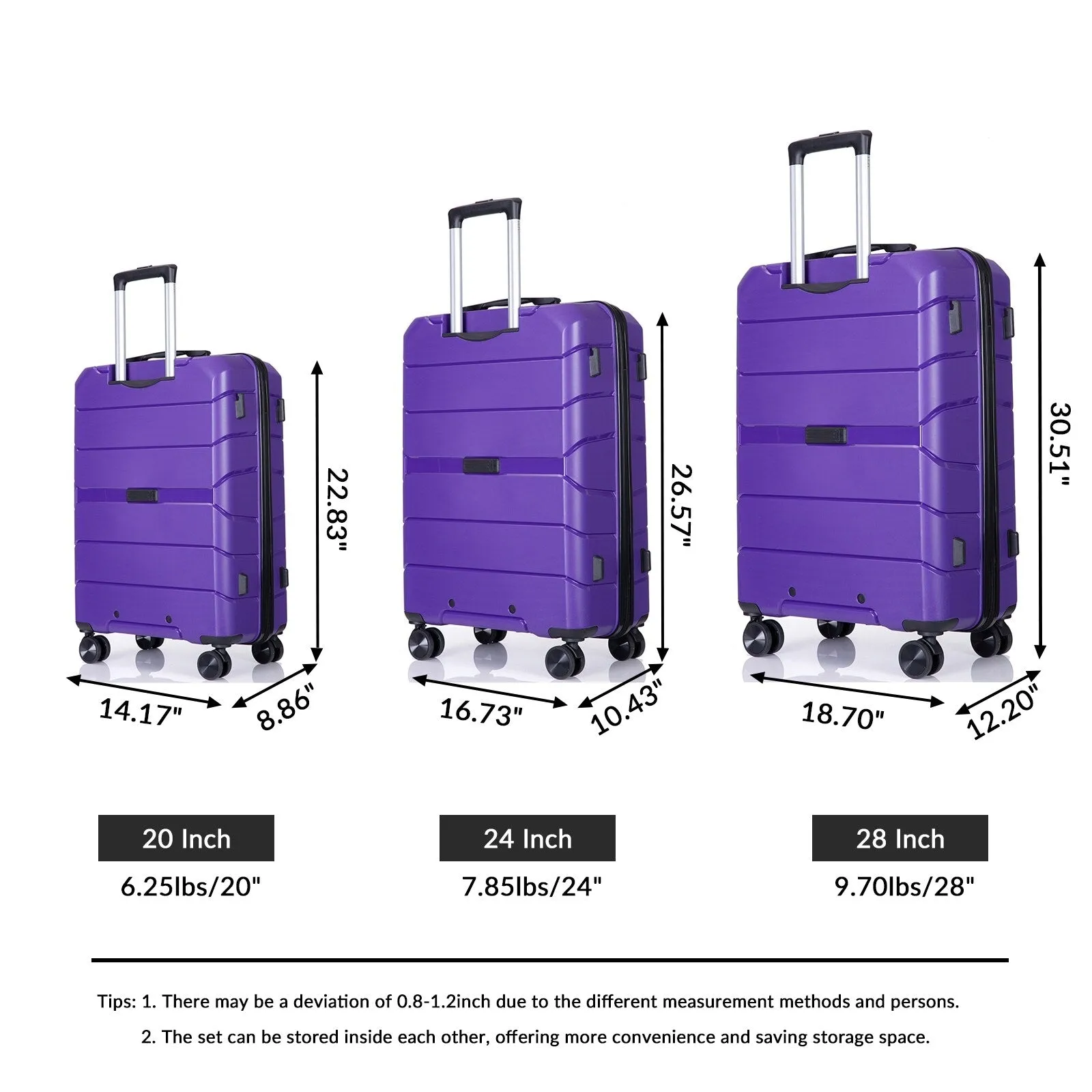 Multi-Size Luggage Set with Double Spinner Wheels and TSA Lock, 3-Piece Lightweight Suitcase with Hooks and Name Card