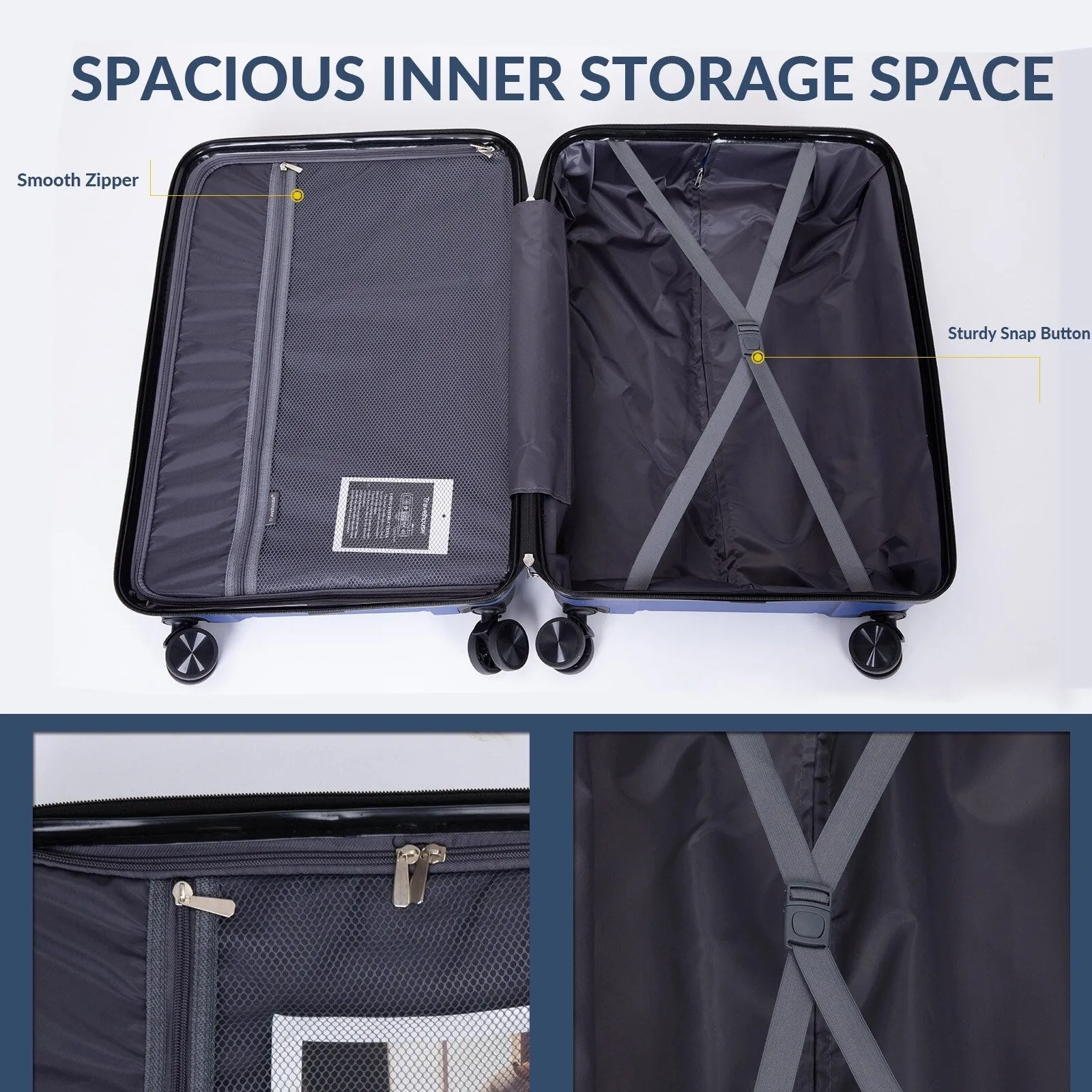 Multi-Size Luggage Set with Double Spinner Wheels and TSA Lock, 3-Piece Lightweight Suitcase with Hooks and Name Card