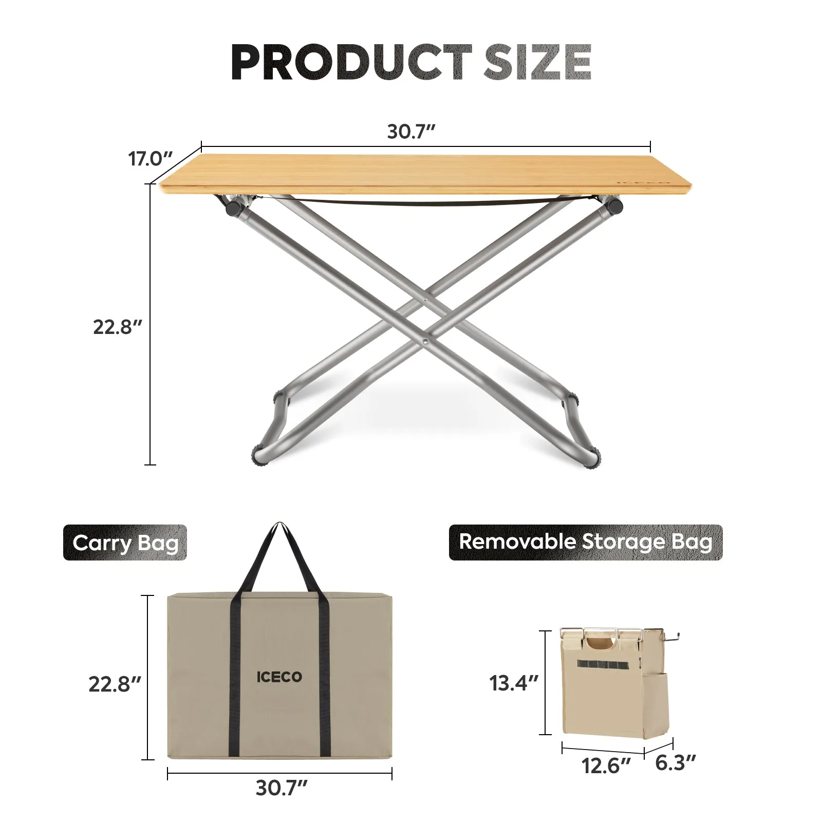 New! Portable Folding Bamboo Camping Table with Storage Bag | ICECO