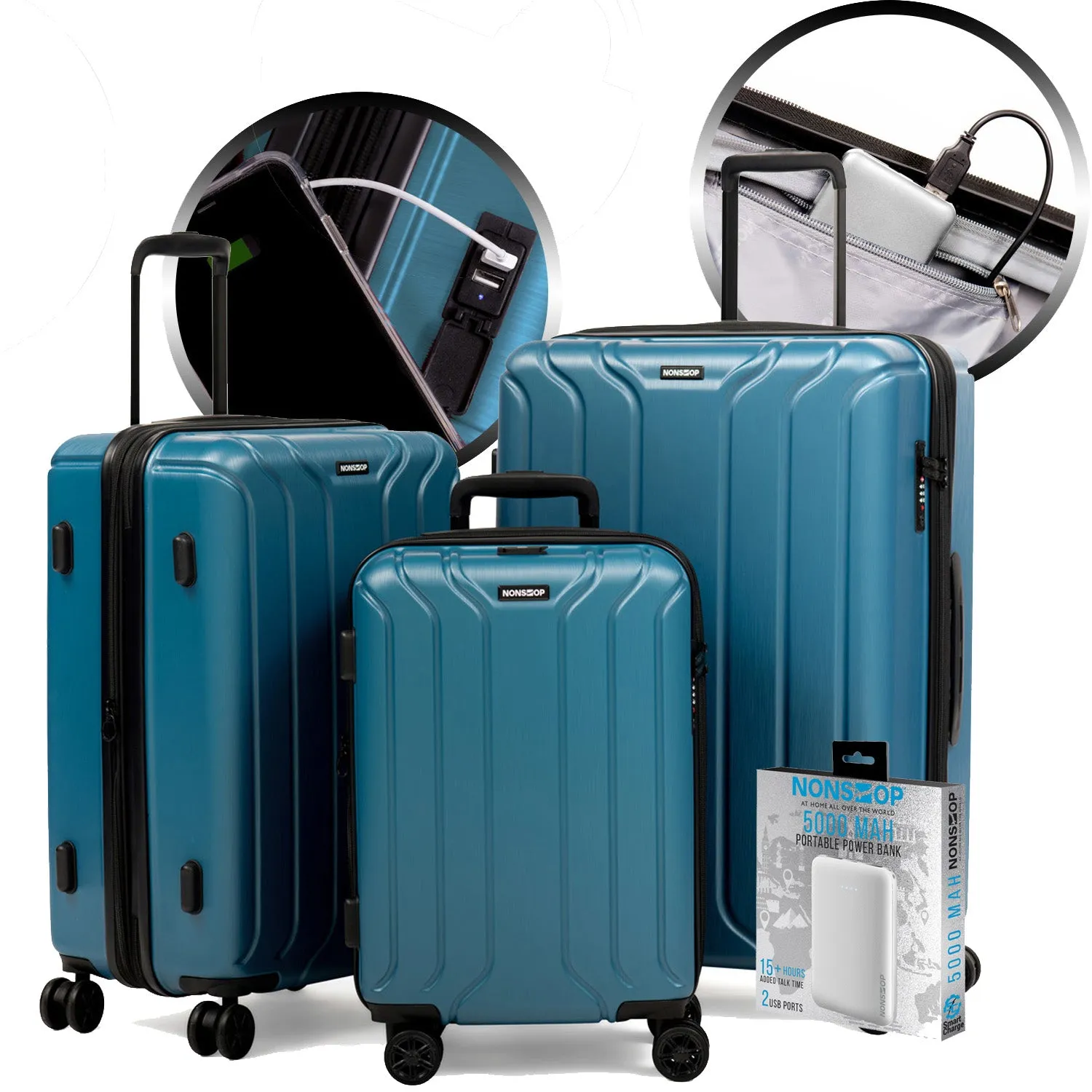 NONSTOP New York 3-Piece Expandable Spinner Luggage Set with Powerbank & 3-Piece Packing Cube Set