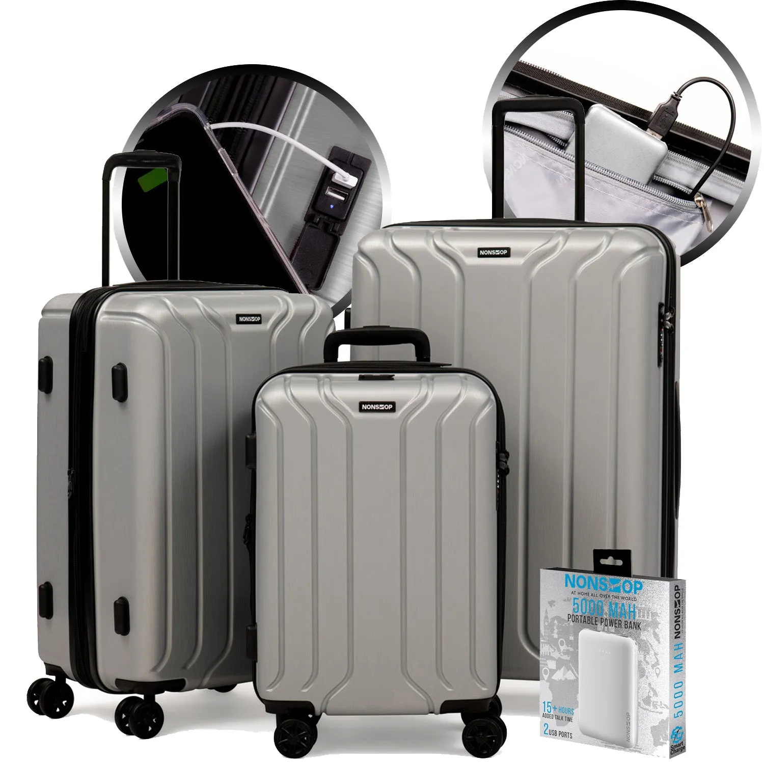 NONSTOP New York 3-Piece Expandable Spinner Luggage Set with Powerbank & 3-Piece Packing Cube Set