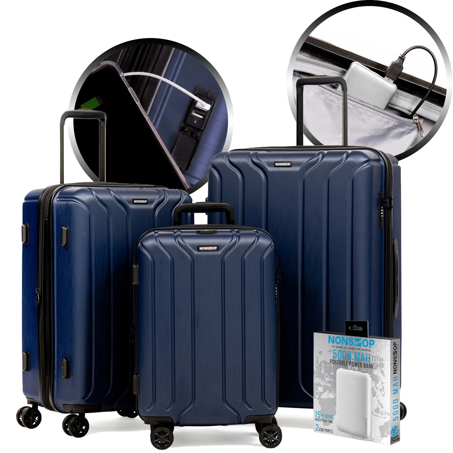 NONSTOP New York 3-Piece Expandable Spinner Luggage Set with Powerbank & 3-Piece Packing Cube Set