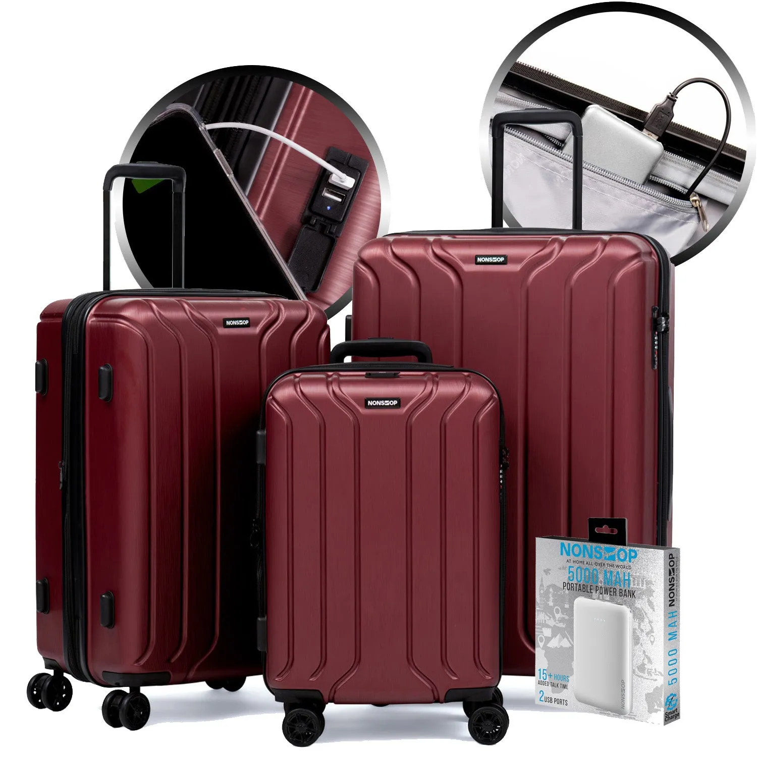 NONSTOP New York 3-Piece Expandable Spinner Luggage Set with Powerbank & 3-Piece Packing Cube Set