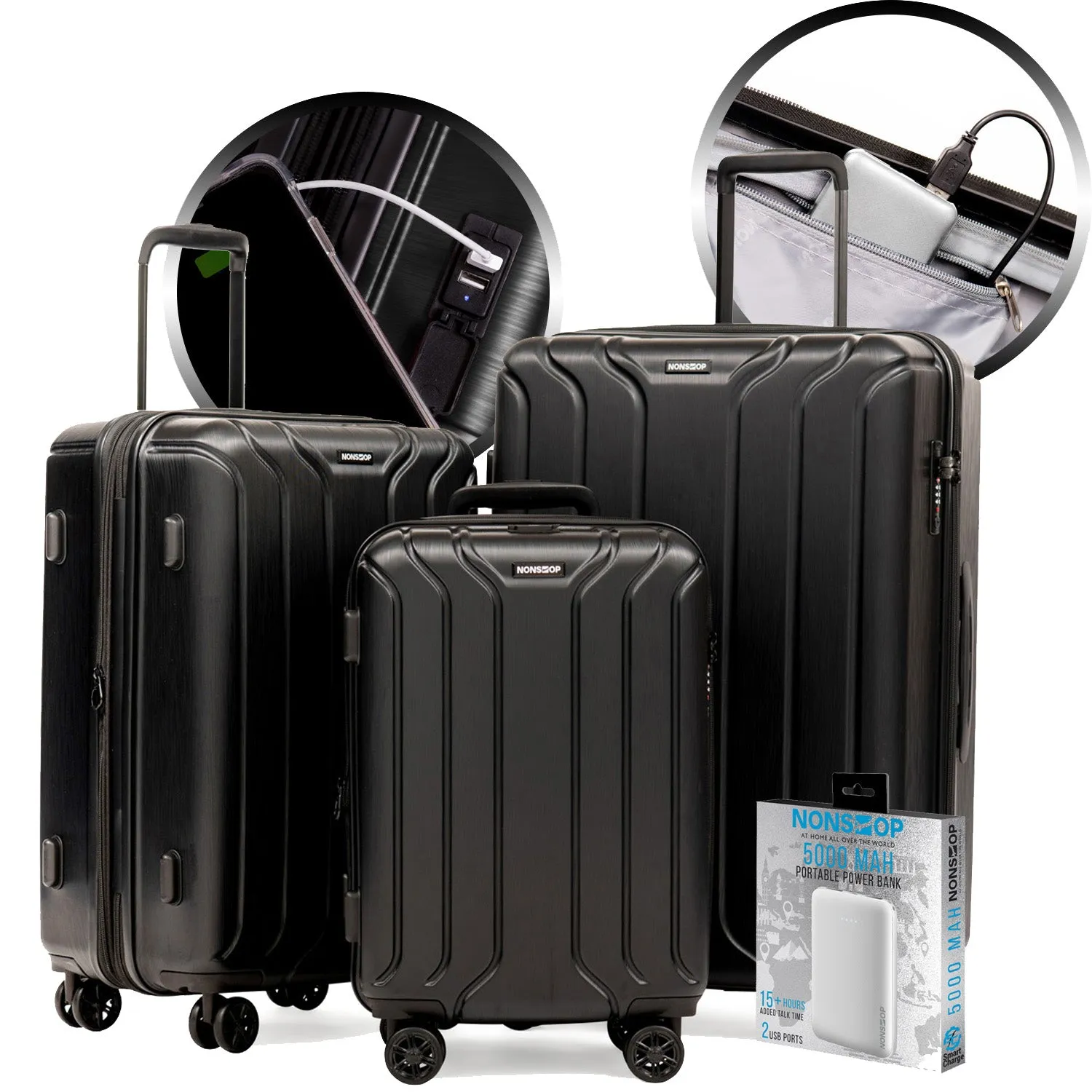 NONSTOP New York 3-Piece Expandable Spinner Luggage Set with Powerbank & 3-Piece Packing Cube Set