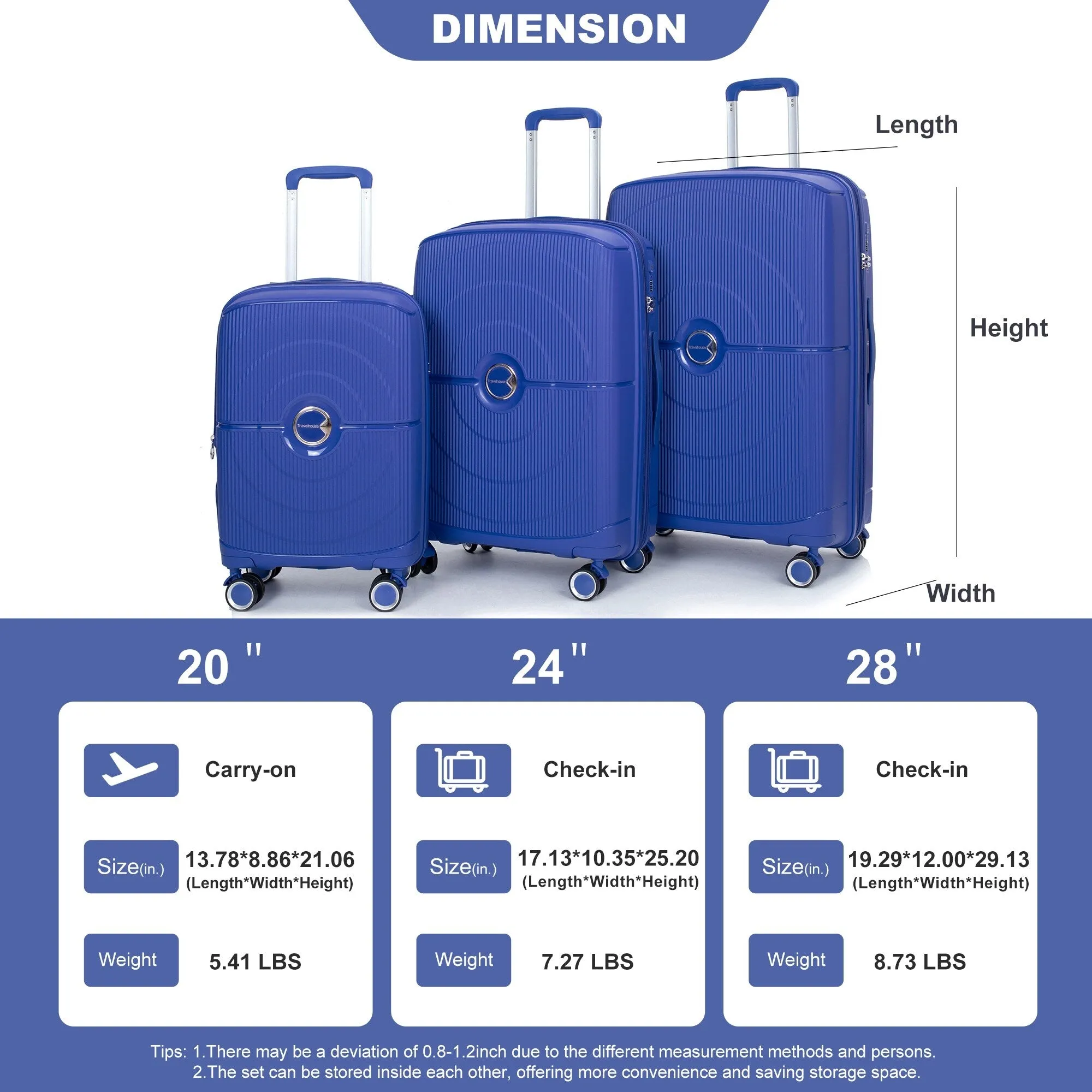 PP Expandable Luggage Sets with TSA Lock and Spinner Wheels, 3-Piece Set Hardshell Suitcase with Zippered Pocket